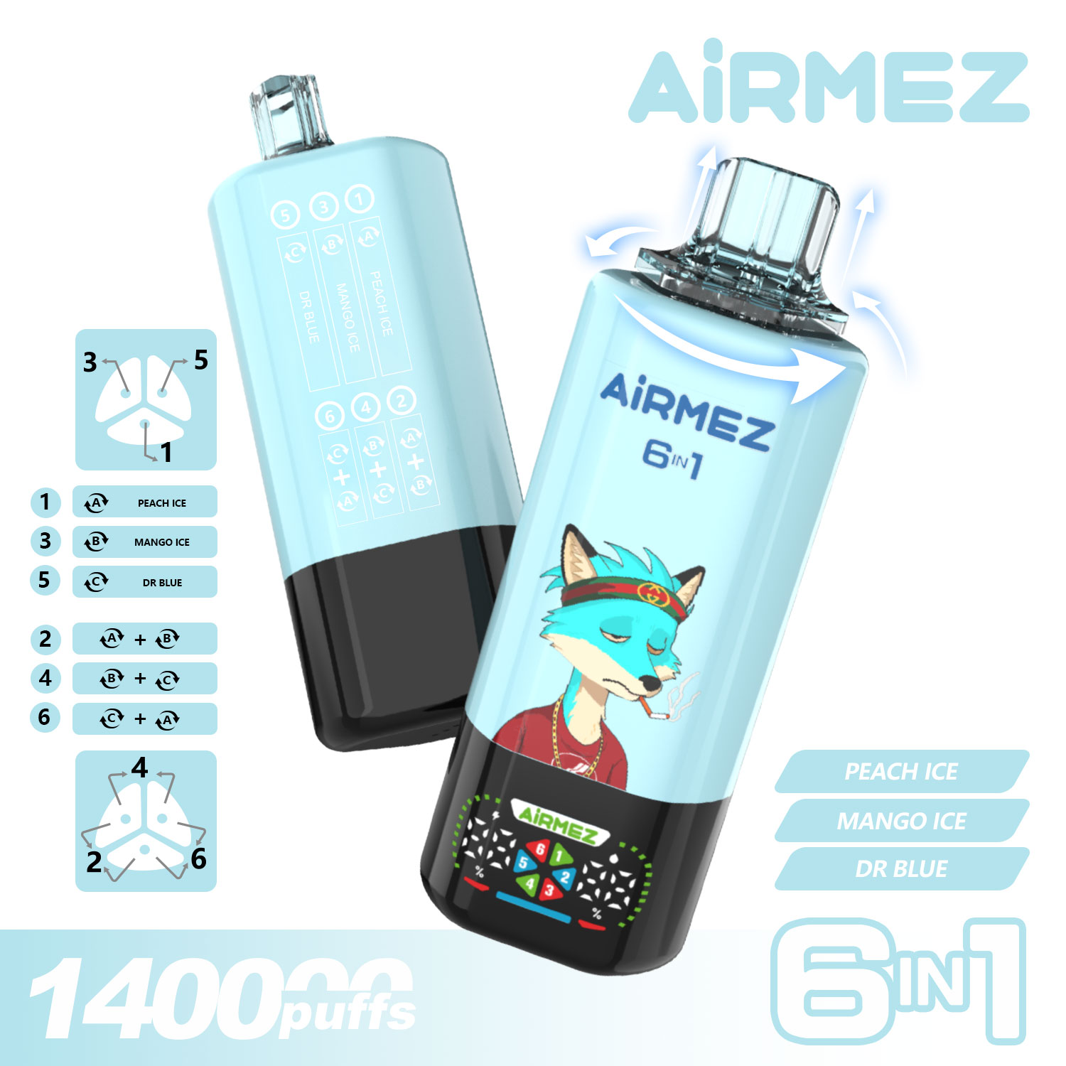 Official Dr Blue Mix for Airmez Fox 140K Puffs. Features 6-in-1 switchable flavors: Peach Ice, Mango Ice, and Dr Blue.