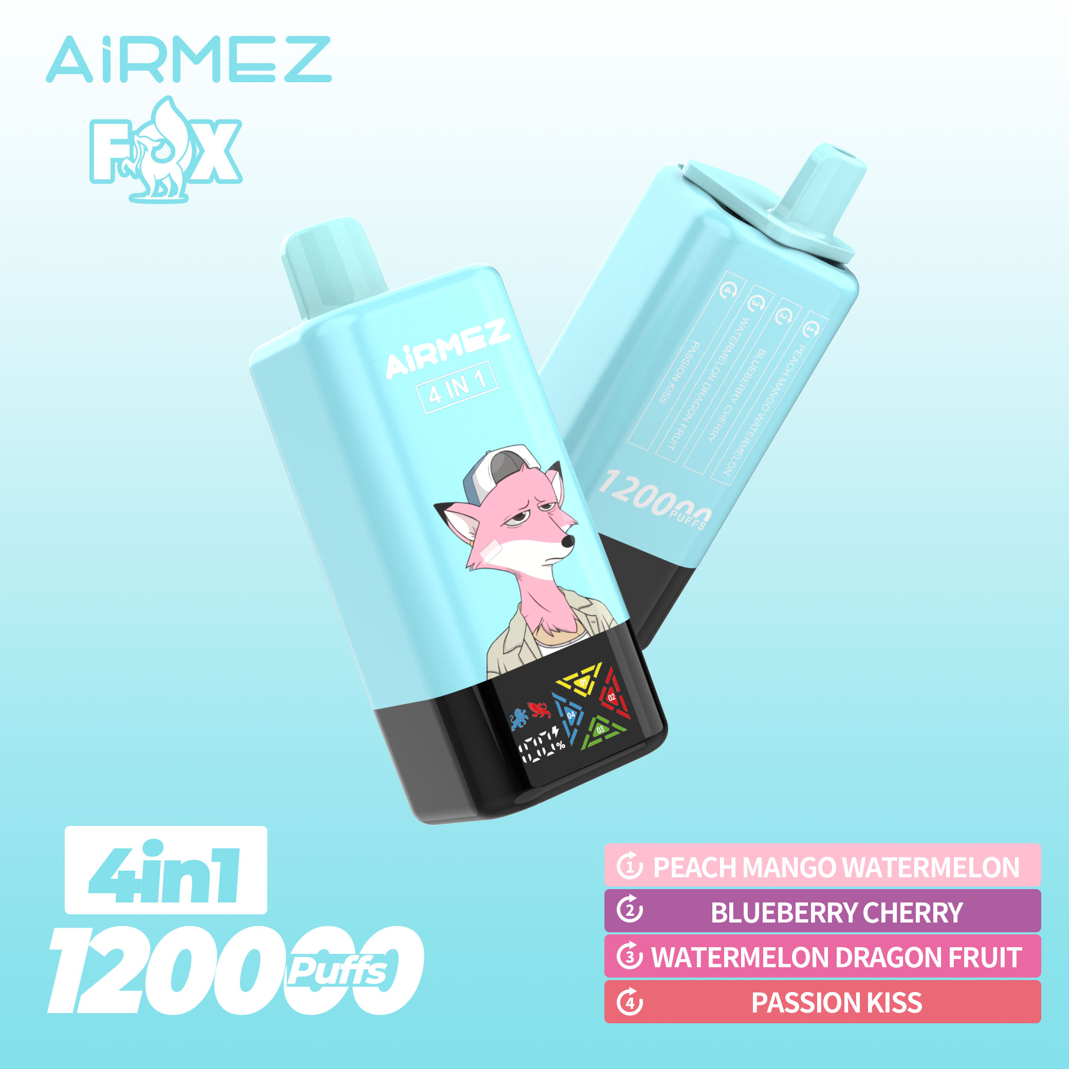 Official Summer Edition of Airmez Fox 120,000 Puffs. 4-in-1 system with Peach Mango Watermelon, Blueberry Cherry, Watermelon Dragon Fruit, and Passion Kiss.