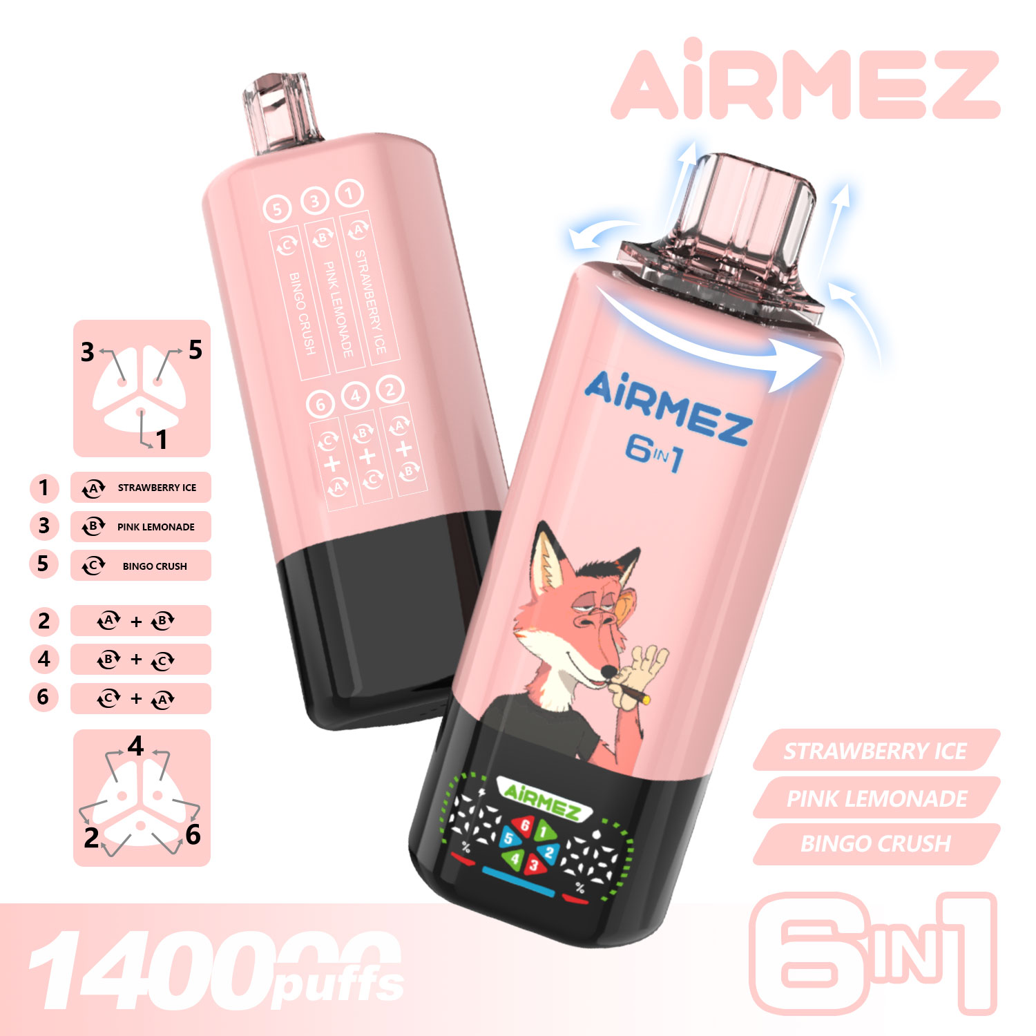 Official Bingo Mix Edition of Airmez Fox 140,000 Puffs. 6-in-1 device with Strawberry Ice, Pink Lemonade, and Bingo Crush.