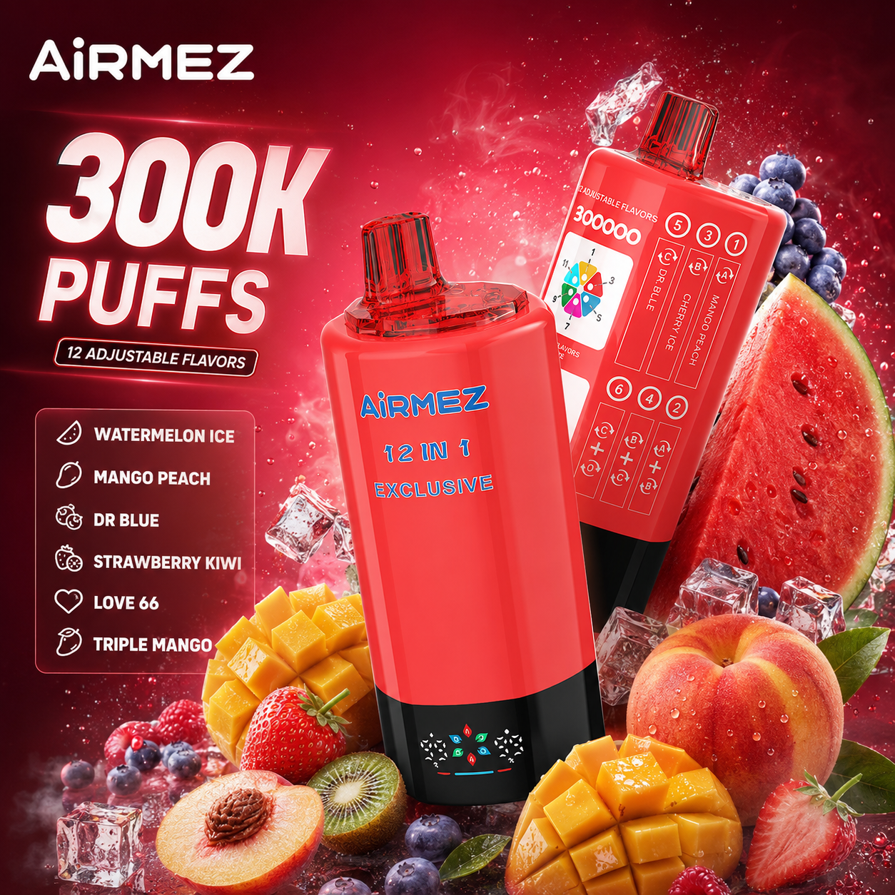 Airmez Exclusive 300K flavor illustration with watermelon ice, mango peach, Dr Blue, strawberry kiwi, Love66 and triple mango