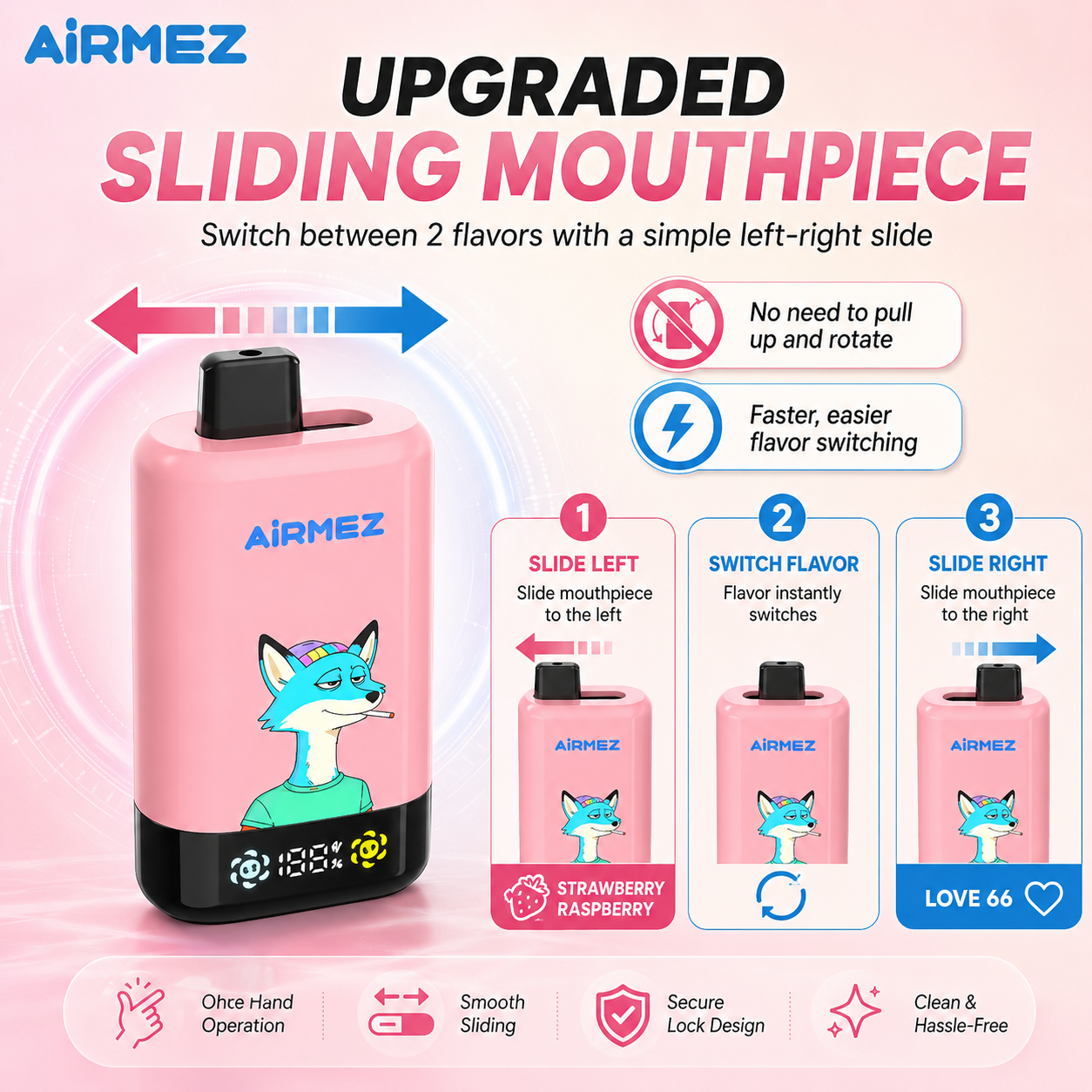 AiRMEZ Fox 2-in-1 Pro 80K sliding mouthpiece design showing left-right flavor switching without pulling up and rotating