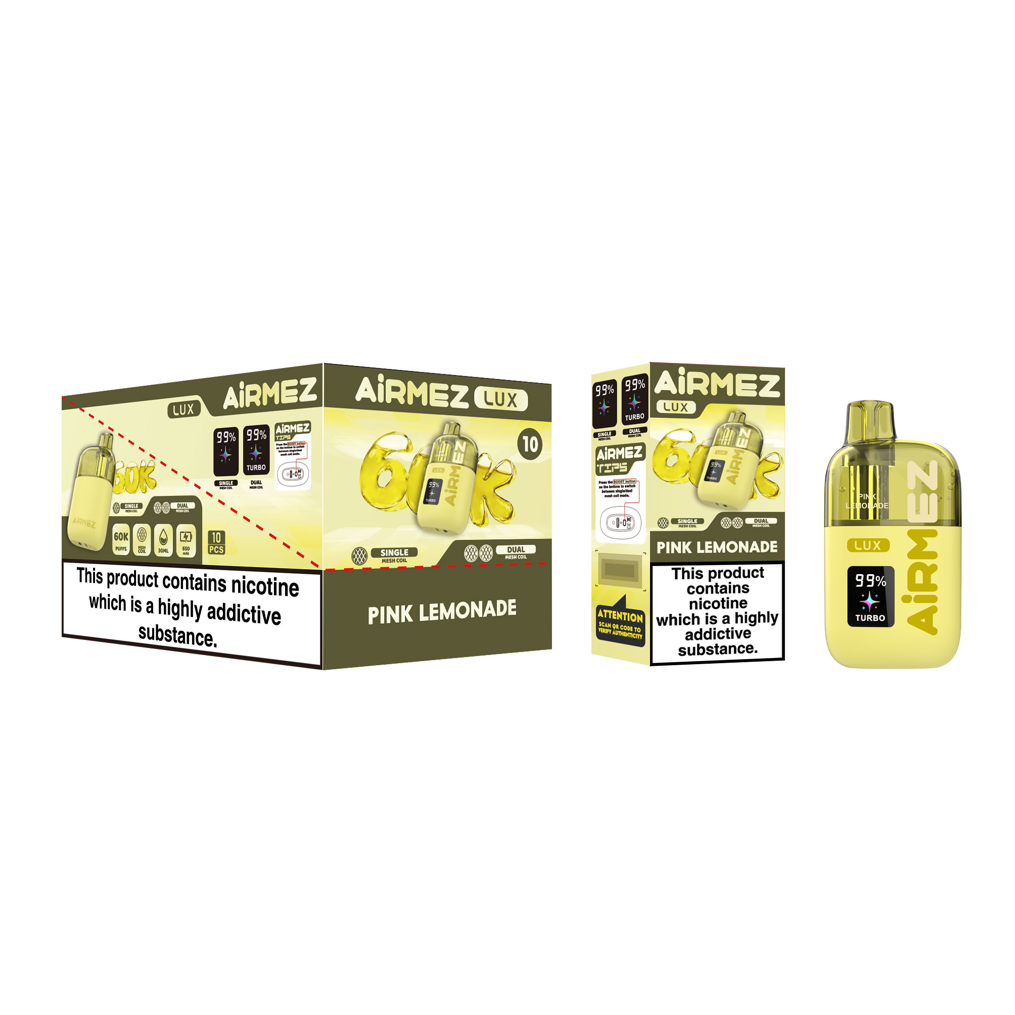 Airmez Lux 60K Puffs Pink Lemonade wholesale master box. 10-pack display for retailers. Fast EU warehouse dispatch with no customs duty.
