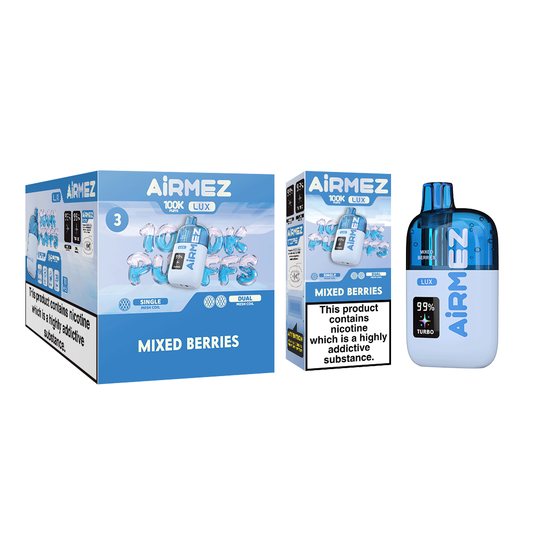 Airmez Lux 100,000 Puffs Mixed Berries disposable vape wholesale master box with 10pcs retail display carton packaging for EU market