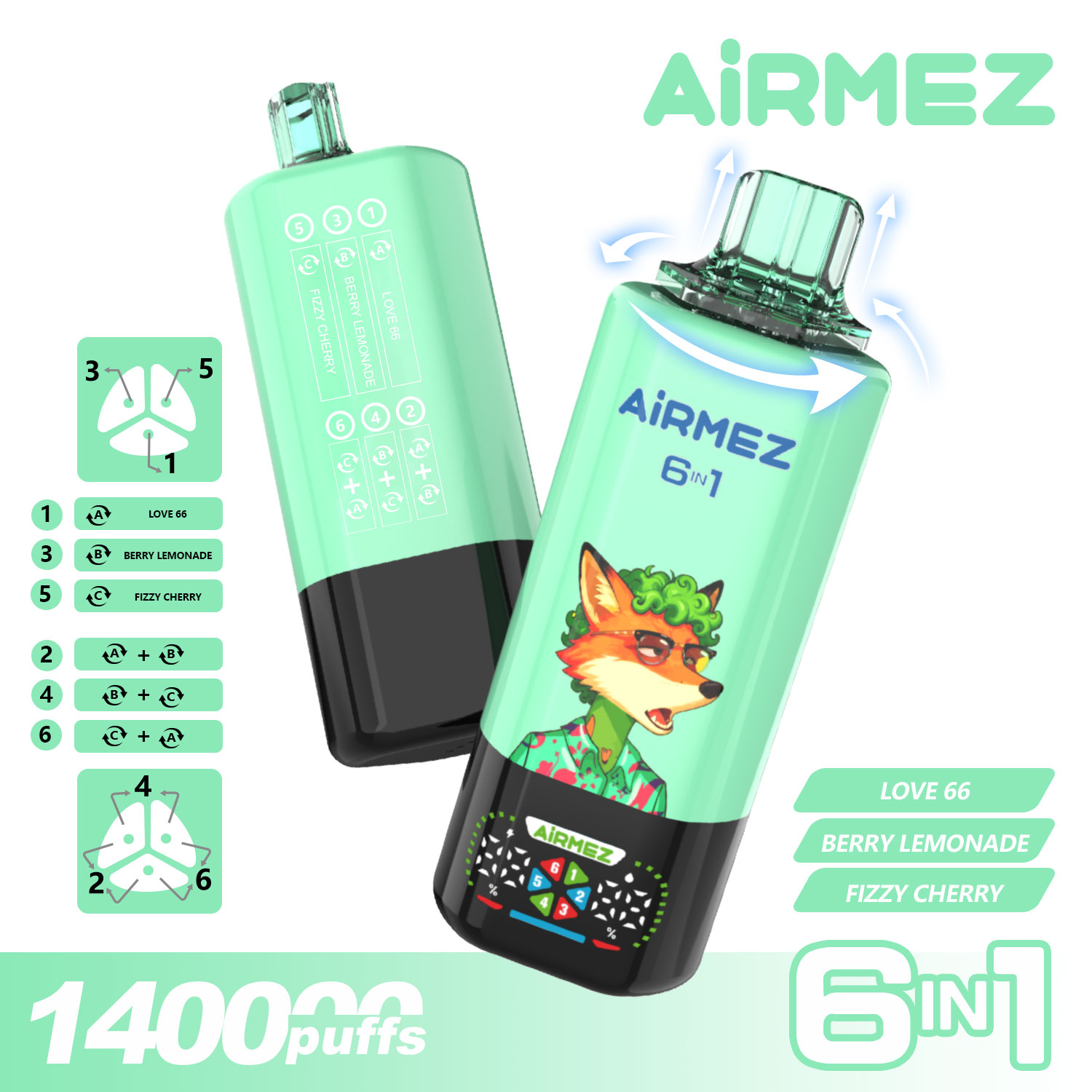 Official Airmez Fox 140,000 Puffs Love 66 Mix. Experience Love 66, Berry Lemonade, and Fizzy Cherry in one smart 6-in-1 device.