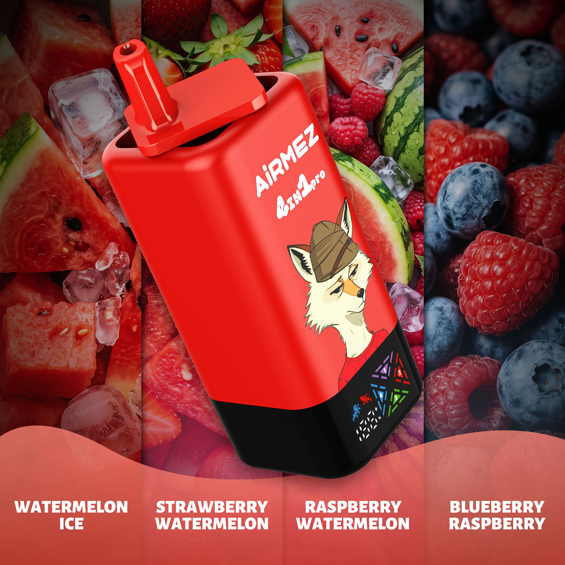AiRMEZ Fox 4-in-1 Pro 120K Watermelon Ice, Strawberry Watermelon, Raspberry Watermelon and Blueberry Raspberry