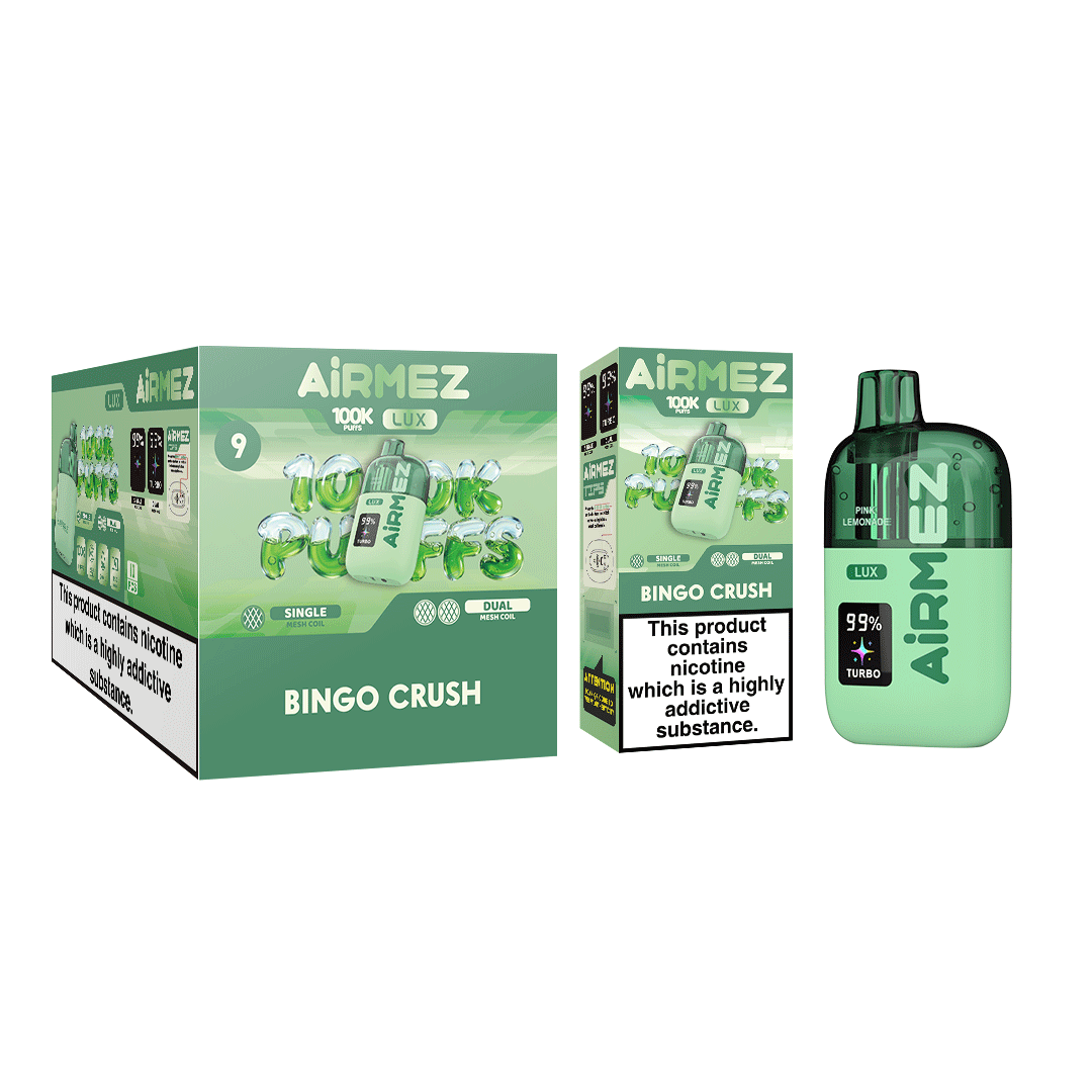 Airmez Lux 100,000 Puffs Bingo Crush disposable vape wholesale master box with 10pcs retail display carton packaging for EU market