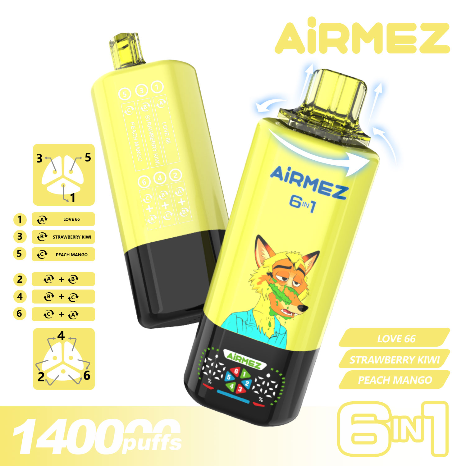 Airmez Fox 140,000 Puffs Official Kiwi Peach Mix. Switch between Love 66, Strawberry Kiwi, and Peach Mango seamlessly.