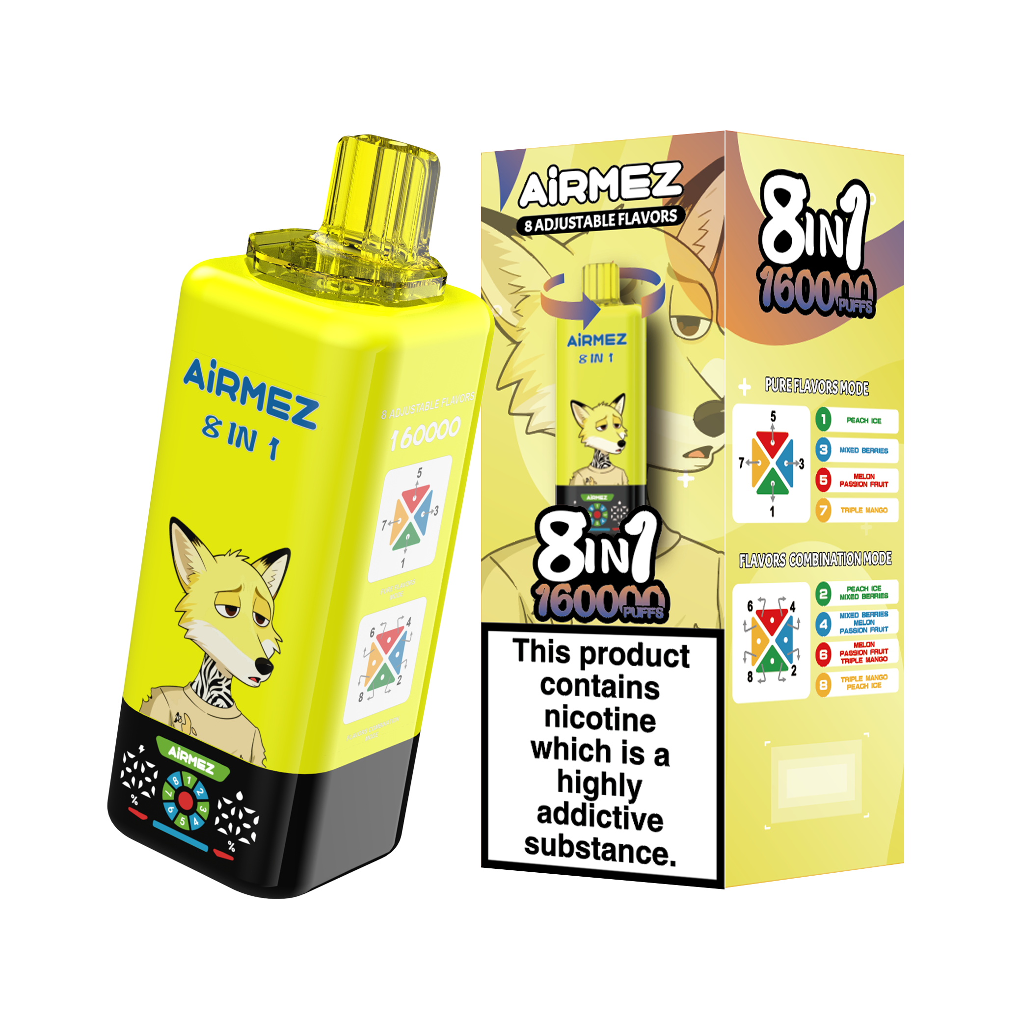 Airmez Fox 8-in-1 160K with Peach Ice, Mixed Berries, Melon Passion Fruit and Triple Mango, shown with retail packaging