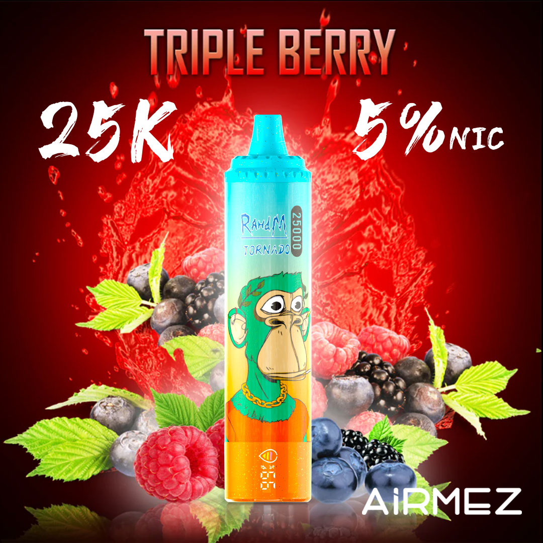 Bold Triple Berry promo image for Airmez Tornado 25000 Puffs. A dynamic visual highlighting the device with a medley of dark and red berries.