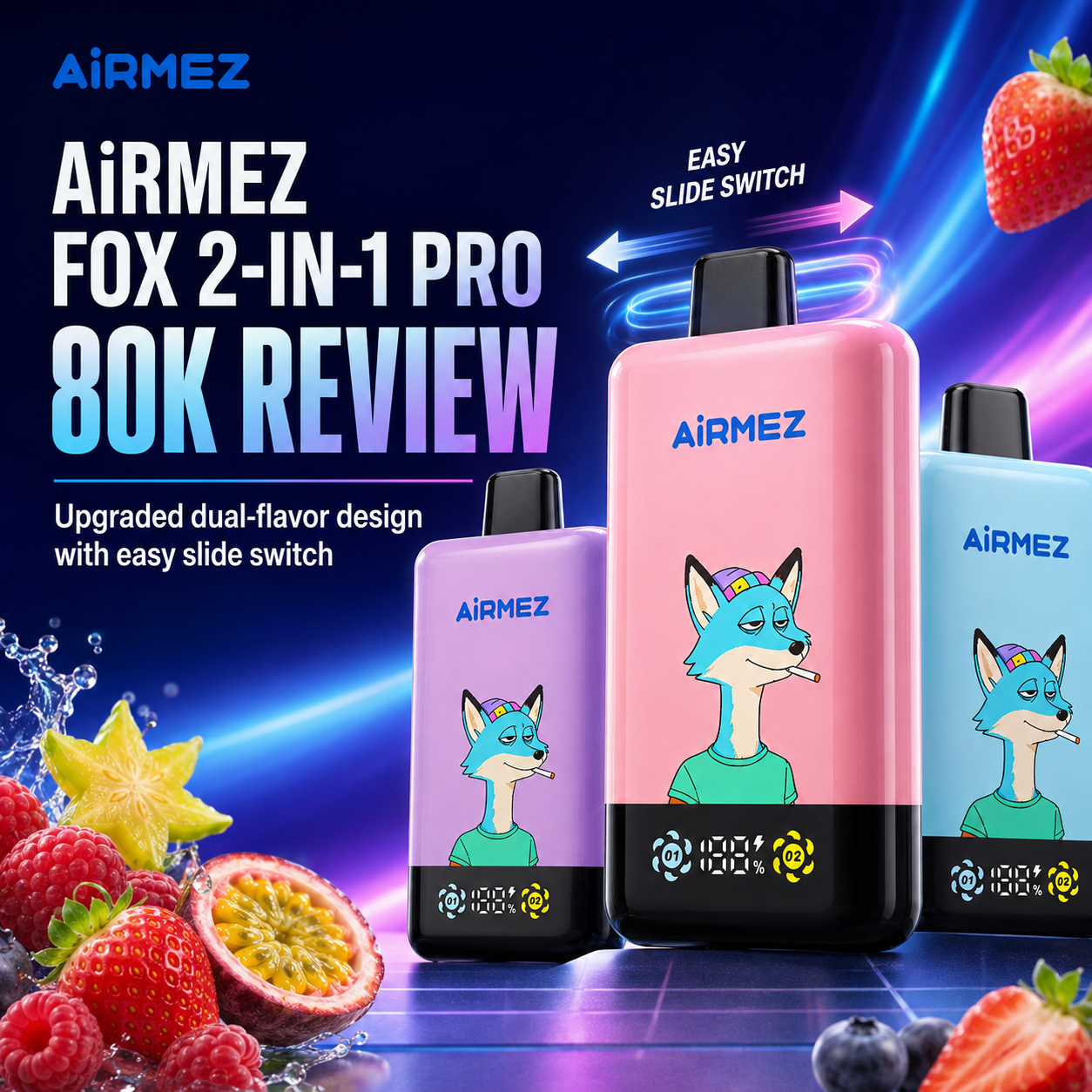 AiRMEZ Fox 2-in-1 Pro 80K review cover with upgraded dual-flavor design and easy slide switch.EU STOCK