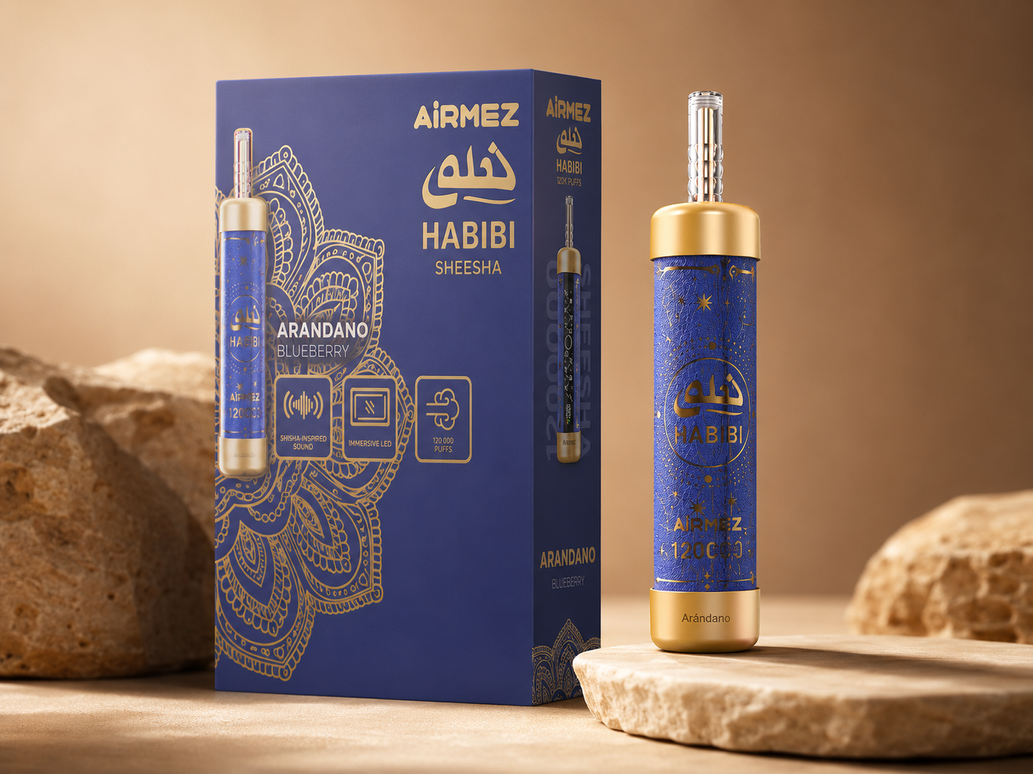 AiRMEZ HABIBI features including 0.4 ohm lit mesh coil, adjustable airflow, 1000mAh battery, shisha sound, immersive LED and smart display