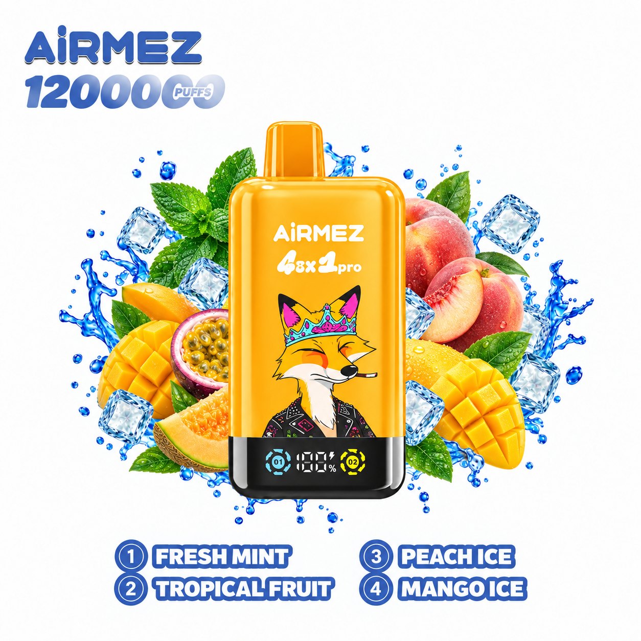 AiRMEZ Fox 4-in-1 Pro 120K four-flavor edition with Fresh Mint, Tropical Fruit, Peach Ice and Mango Ice