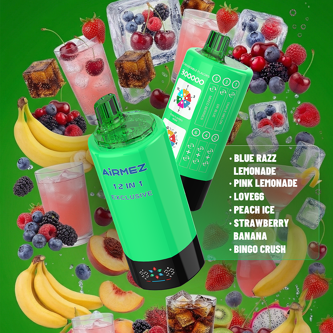 Flavor lifestyle render of AiRMEZ Exclusive 12-in-1 300K Edition 6 with blue razz lemonade and pink lemonade.