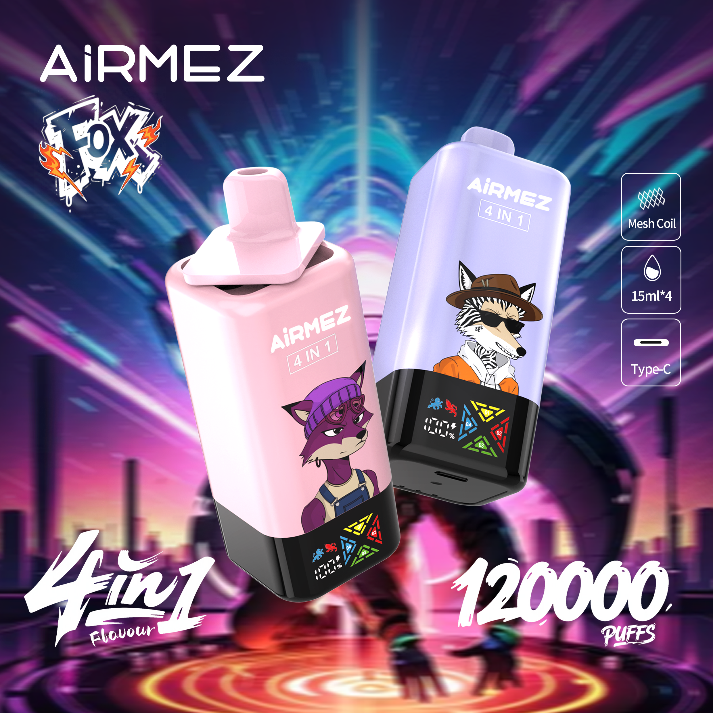 Cyberpunk style promotional image for Airmez Fox 120,000 Puffs. Highlighting the smart interactive screen, Type-C port, and sleek futuristic design.