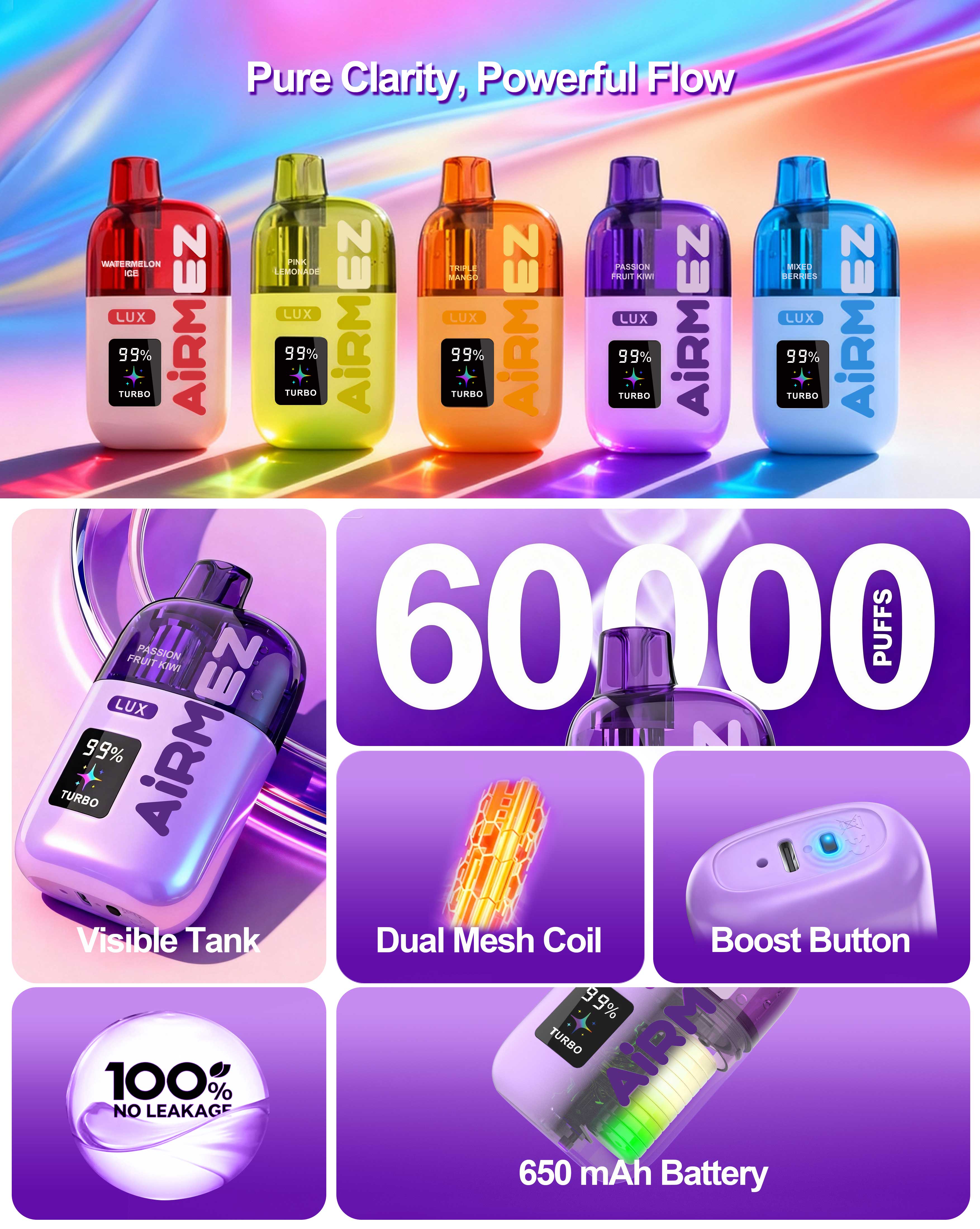 Comprehensive tech infographic for Airmez Lux 60,000 Puffs. Highlights include 60K Puffs, Dual Mesh Coil, Visible Tank, 650mAh Battery, Boost Button, and Leak-proof design. 100% authentic EU stock.