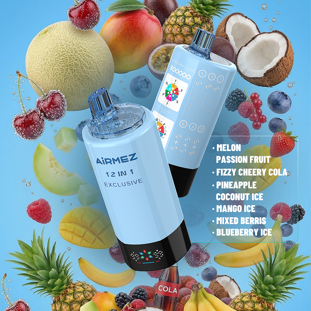 Rich flavor environment render of AiRMEZ Exclusive 300K Edition 8 featuring fizzy cherry cola and melon passion fruit.