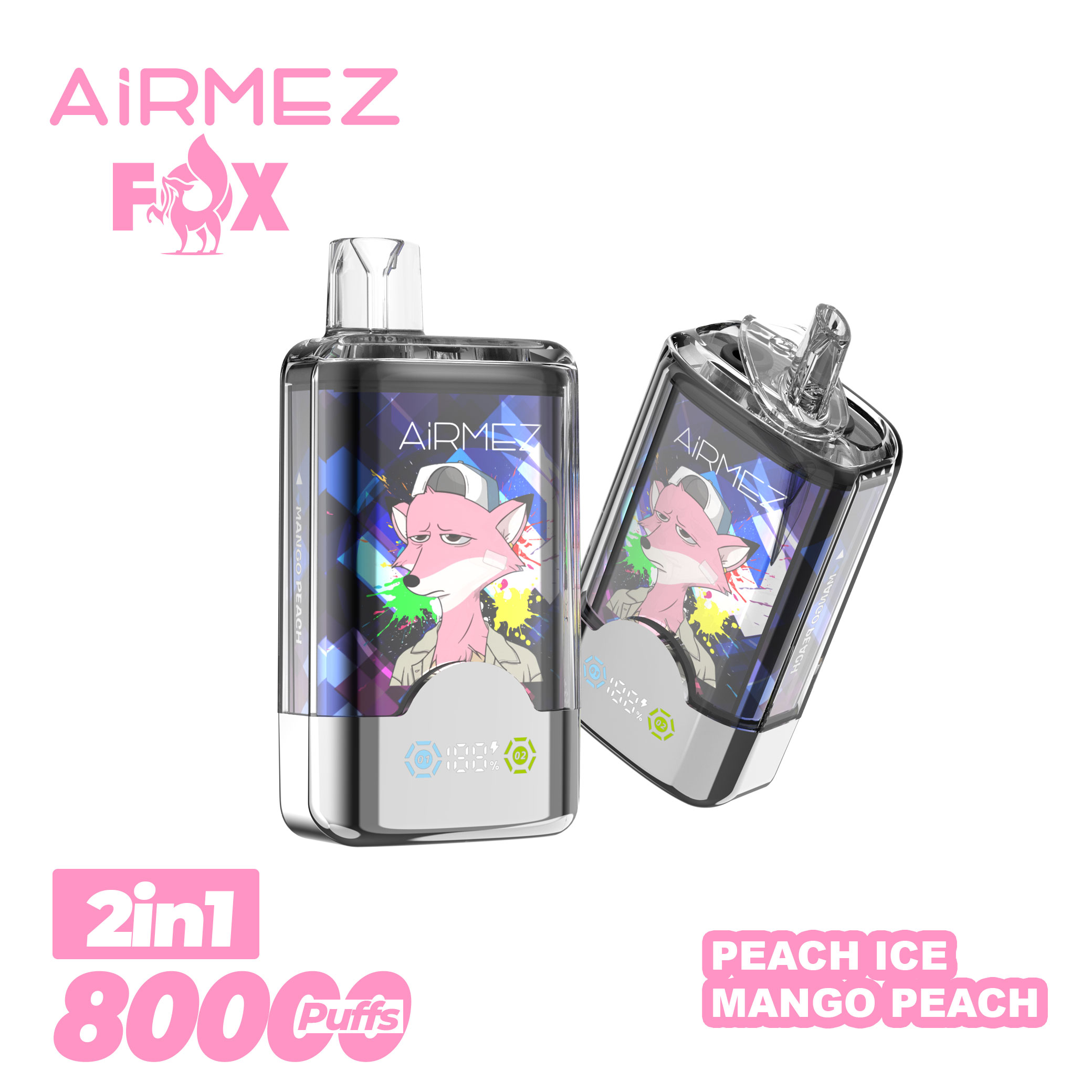Official Airmez 80,000 Puffs 2-in-1 Peach Ice & Mango Peach. Clear view of the smart interactive screen and premium gradient device finish.
