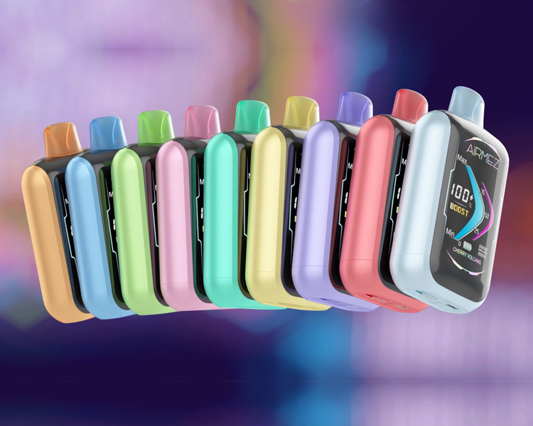 High-tech Airmez disposable vape with boost mode and large side-mounted smart digital screen showing real-time battery and e-juice status.