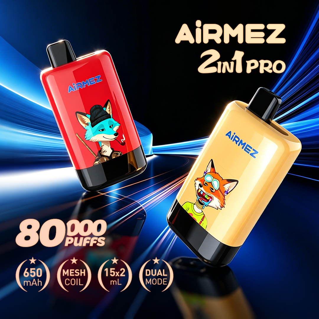 AiRMEZ Fox 2-in-1 Pro 80K dual flavor tech poster with 80,000 puffs, 650mAh battery, Mesh Coil and 15ml x 2 capacity