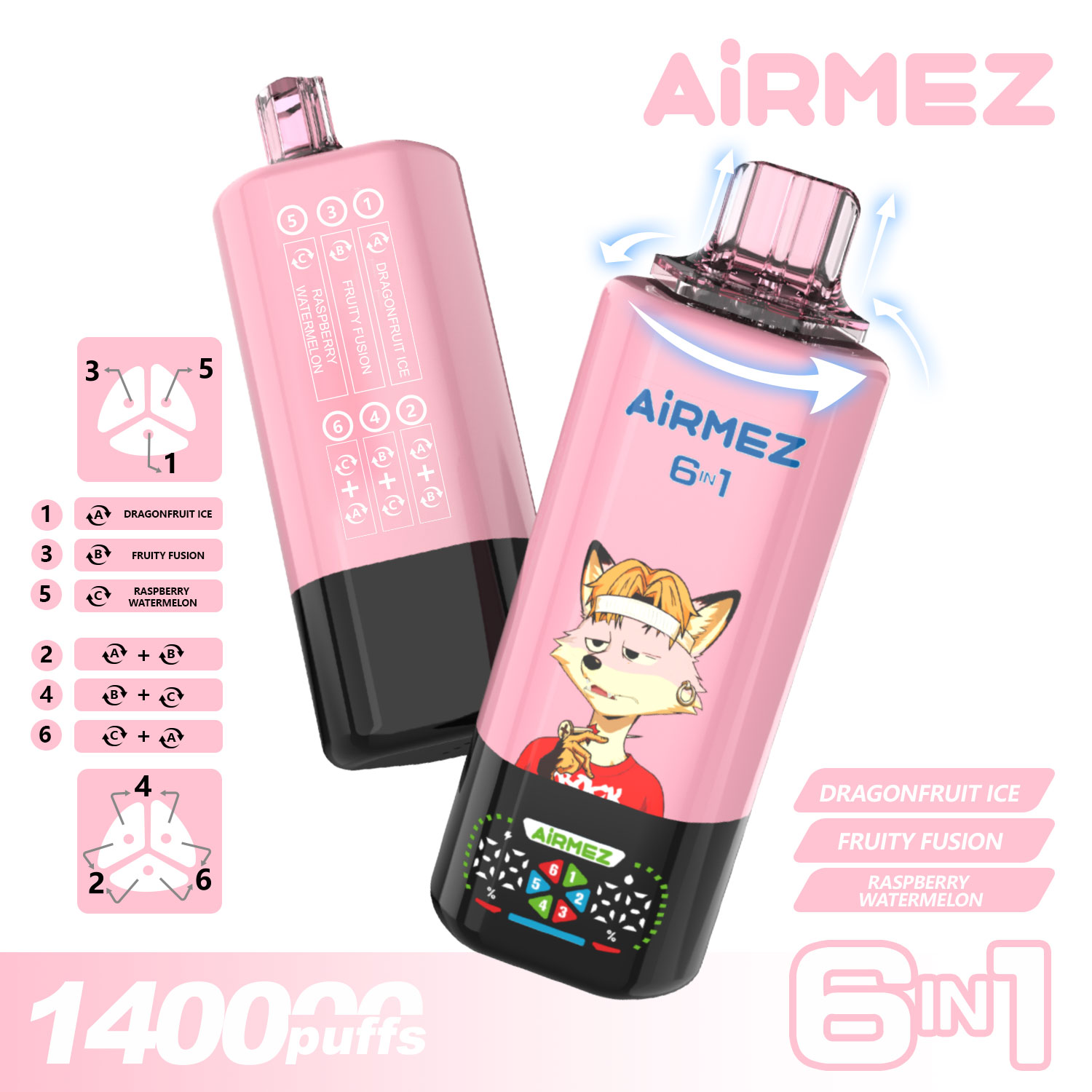 Airmez Fox 140K Puffs Official Dragon Fruit Mix. Includes 6-in-1 flavors: Dragonfruit Ice, Fruity Fusion, and Raspberry Watermelon.