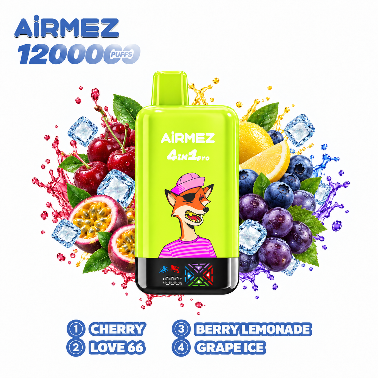 AiRMEZ Fox 4-in-1 Pro 120K four-flavor edition with Cherry, Love 66, Berry Lemonade and Grape Ice