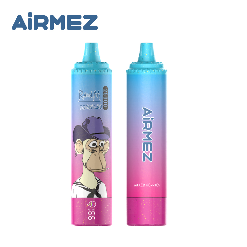Clear white background shot of Airmez Tornado 25000 Puffs Mixed Berries. Features the dual-angle display of the 25k puff disposable device.