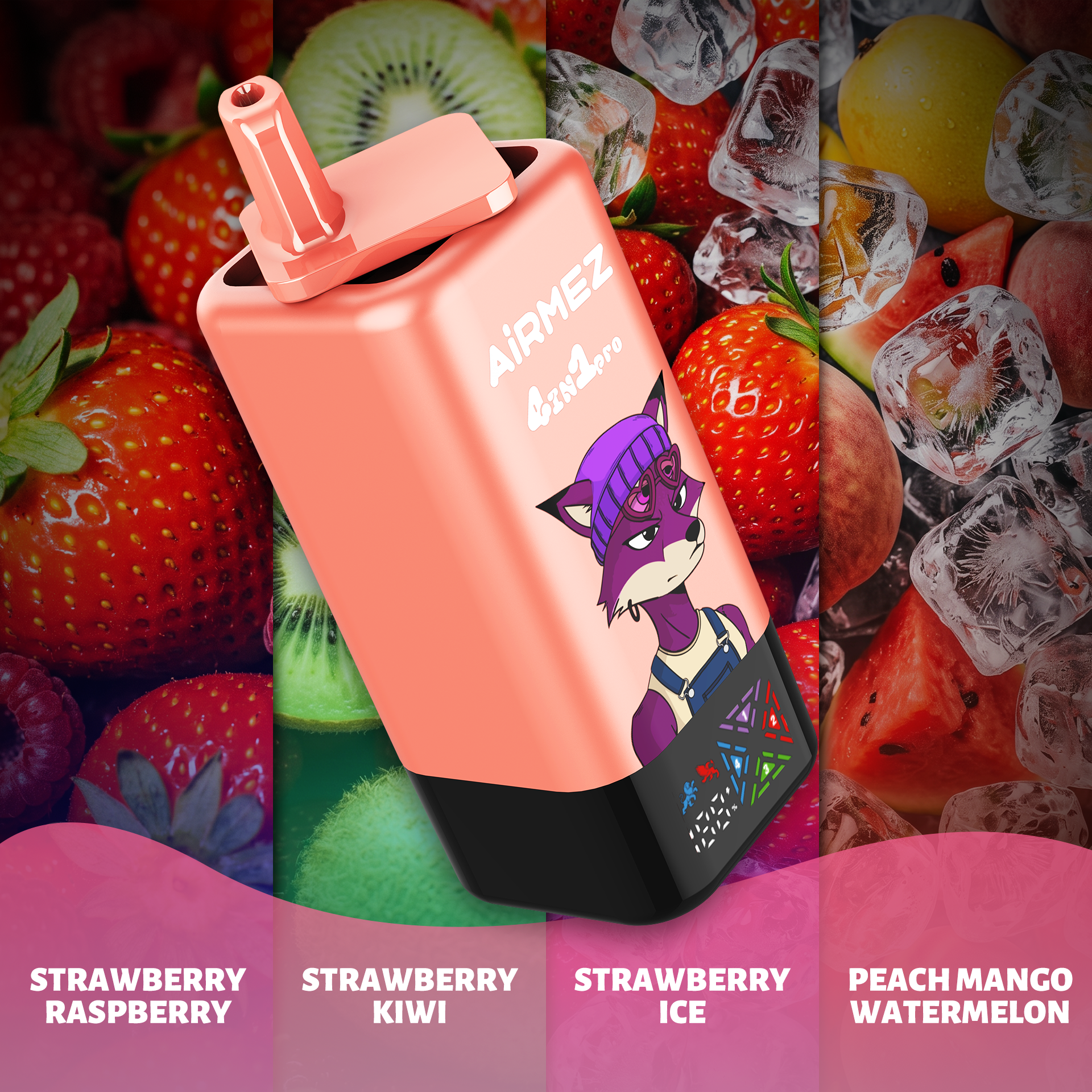 AiRMEZ Fox 4-in-1 Pro 120K Strawberry Raspberry, Strawberry Kiwi, Strawberry Ice and Peach Mango Watermelon