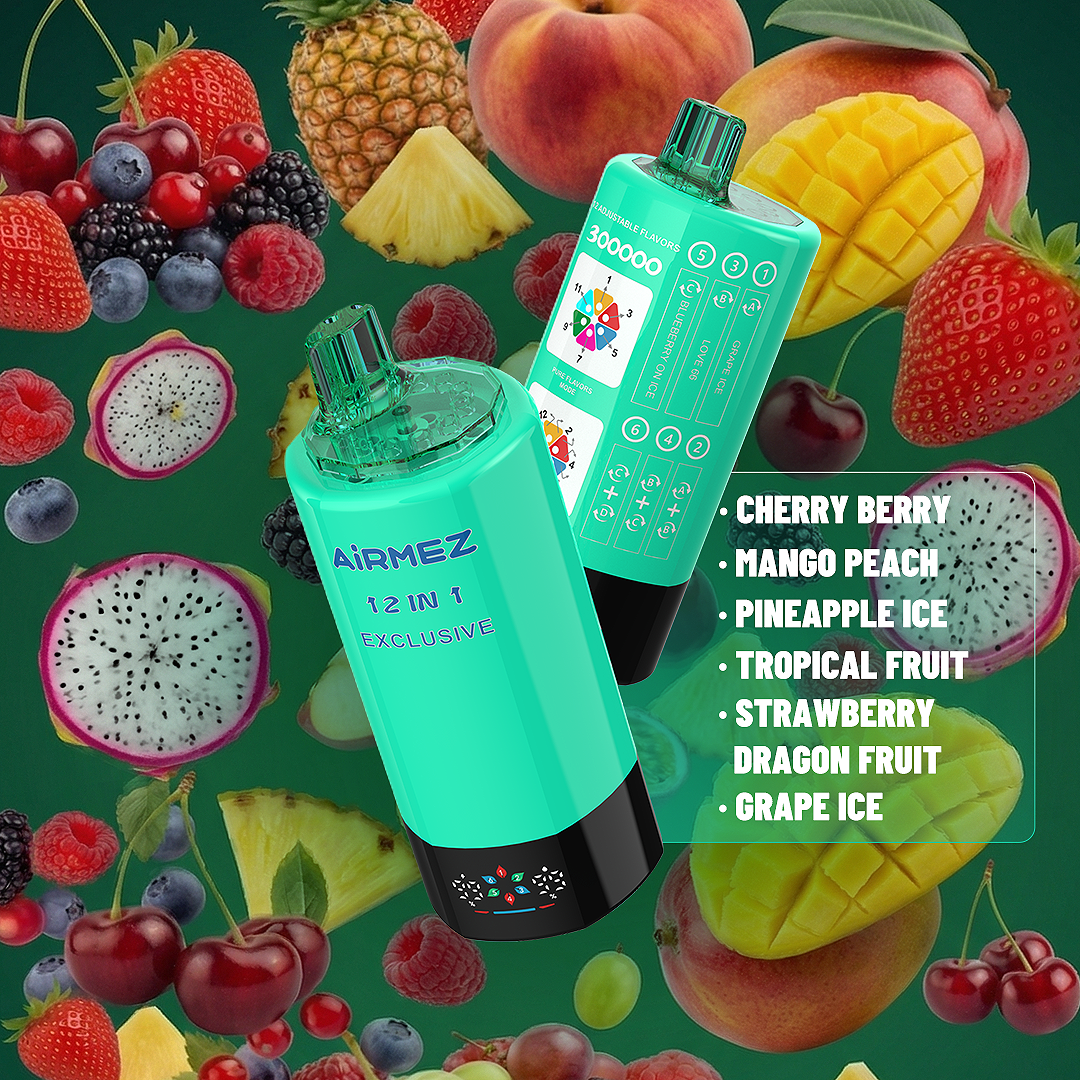 Creative digital art render of AiRMEZ Exclusive 300K Edition 5 featuring grape ice and tropical fruit.
