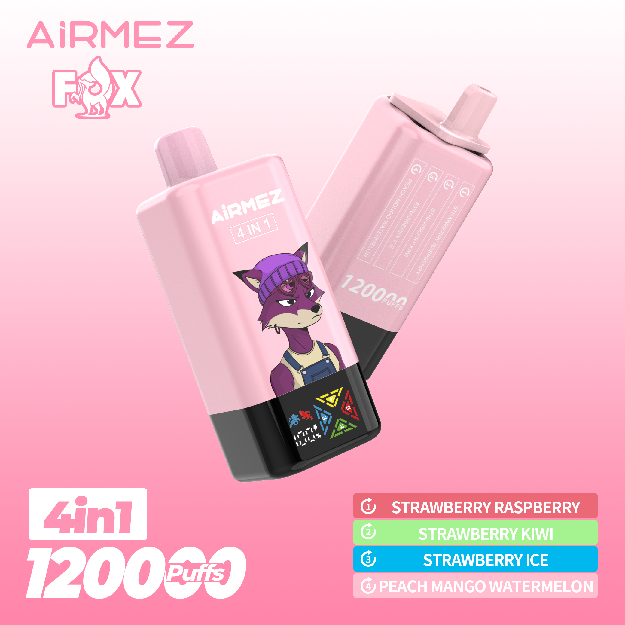 Airmez Fox 120,000 Puffs 4-in-1 disposable vape (Red Edition). Features 4 switchable flavors: Strawberry Raspberry, Strawberry Kiwi, Strawberry Ice, and Peach Mango Watermelon.