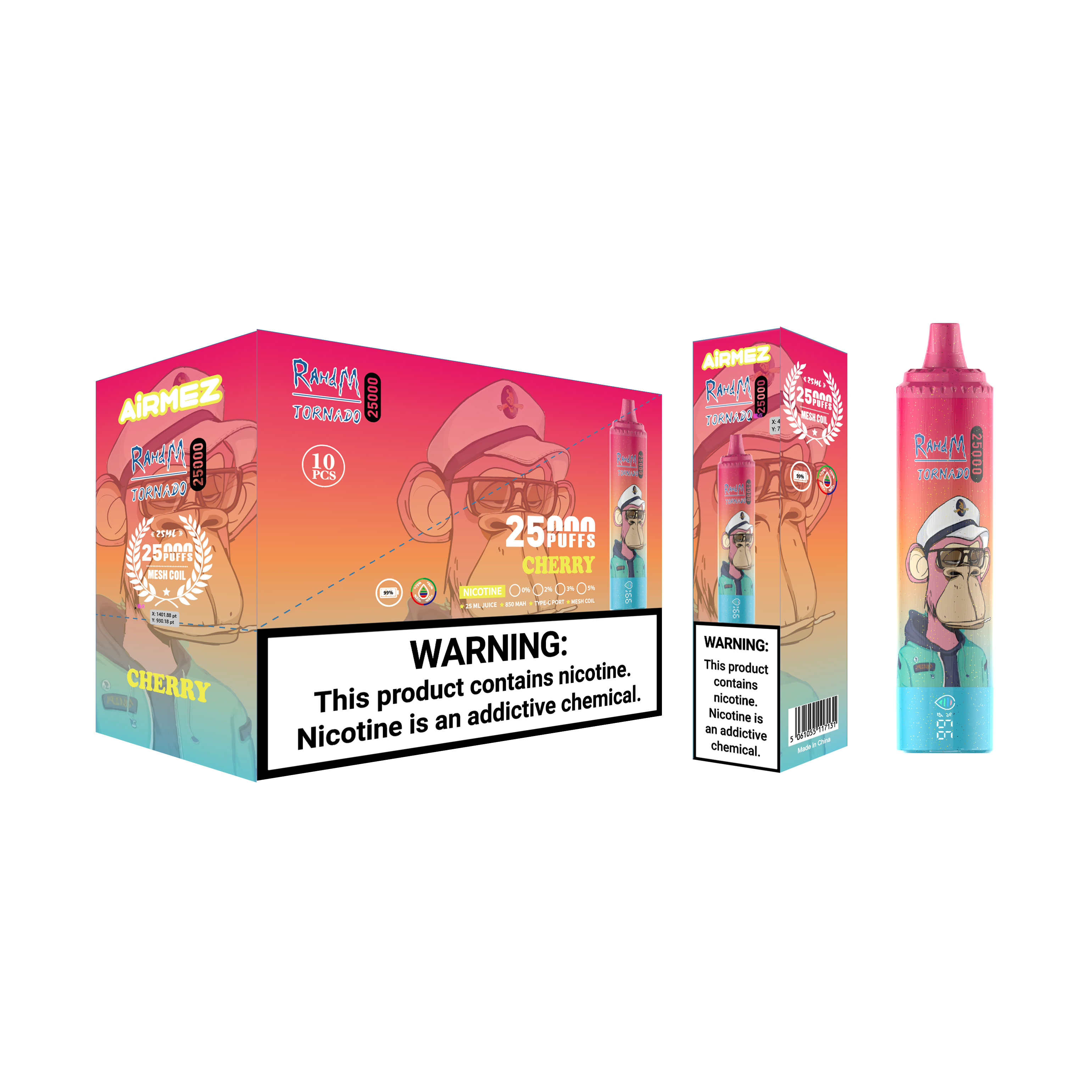 Official Airmez Tornado 25000 Cherry flavor packaging. Shows the compliant retail box and master display to guarantee product authenticity.
