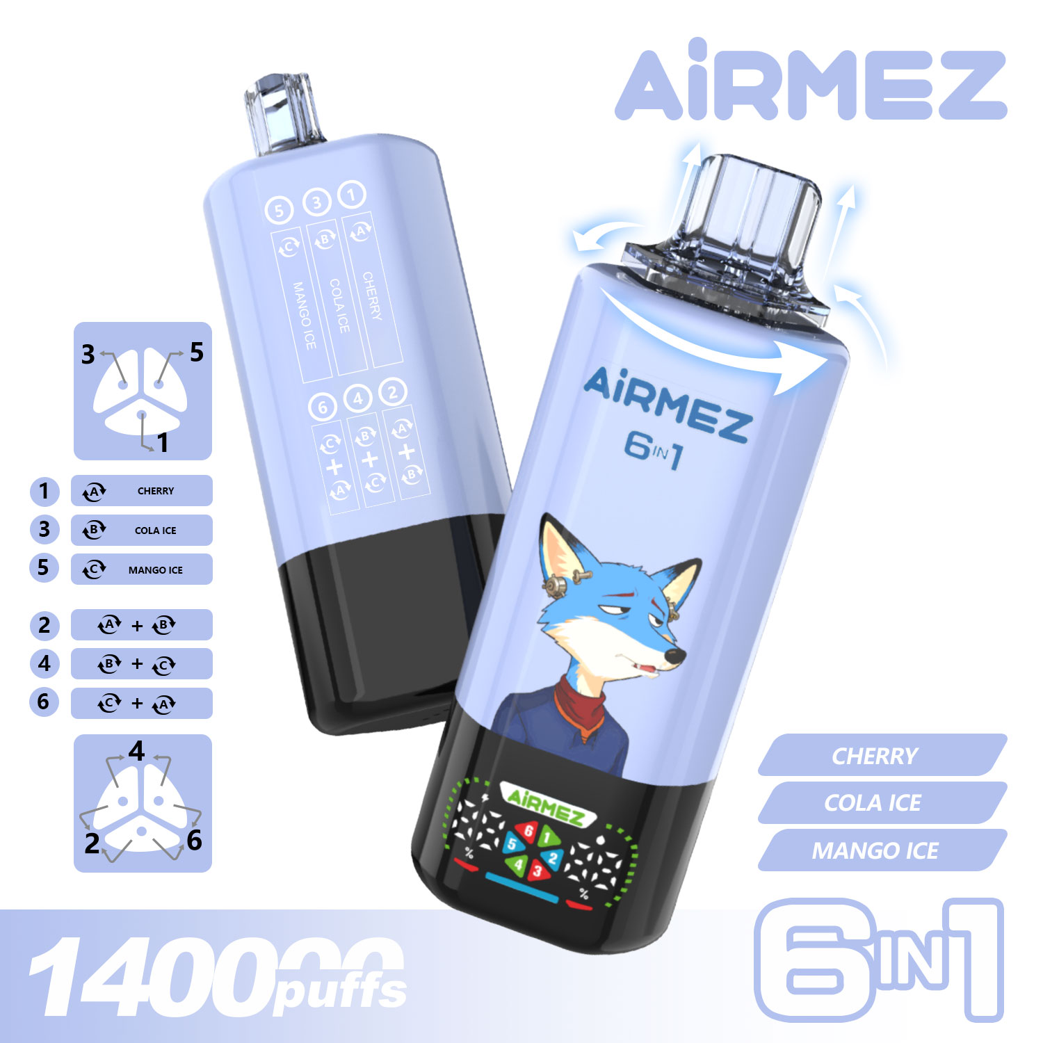 Official Airmez Fox 140,000 Puffs 6-in-1 Cherry Cola Mix. Featuring 3 switchable flavors: Cherry, Cola Ice, and Mango Ice.