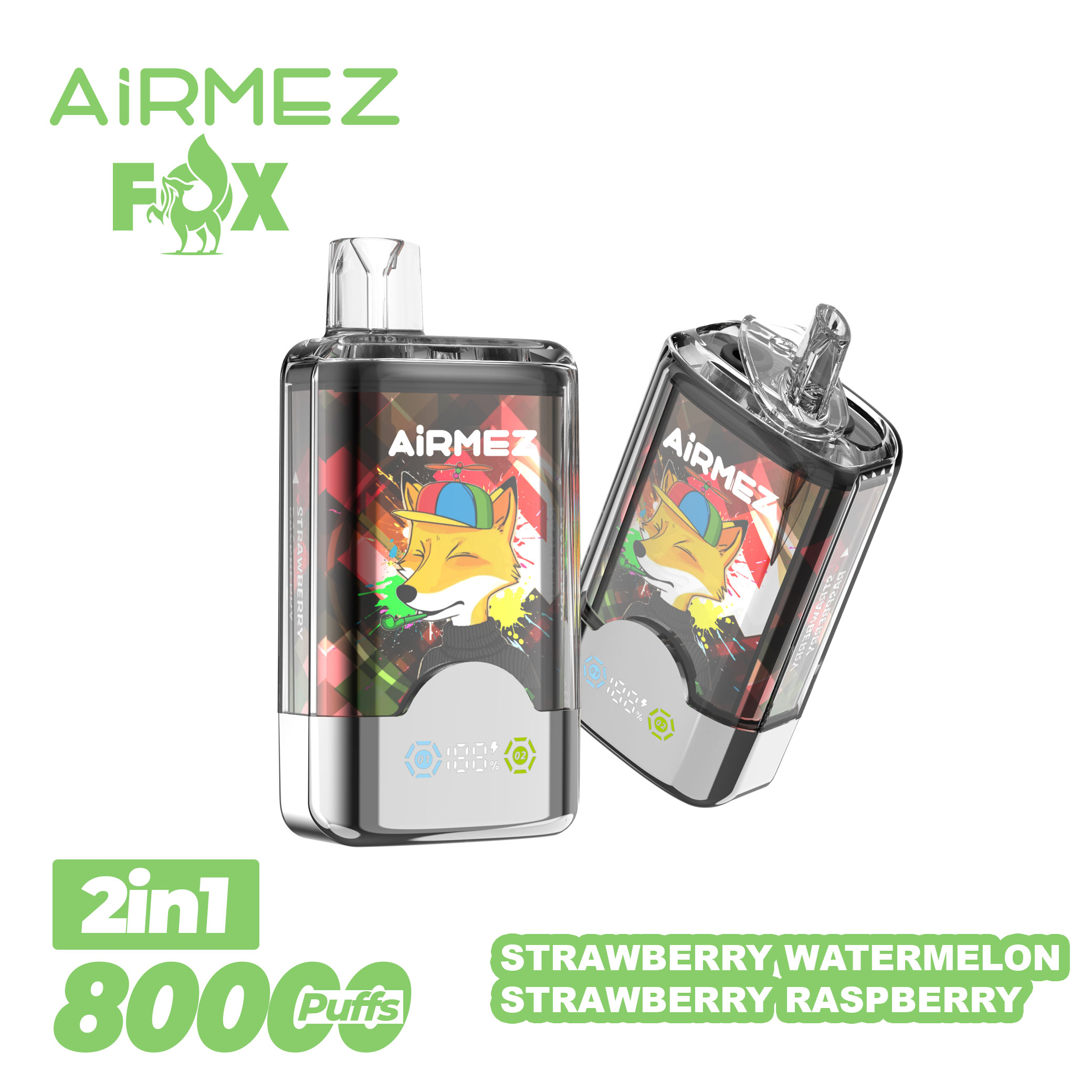 Airmez 80K Puffs Strawberry Raspberry & Strawberry Watermelon official view. Highlighting the 2-way flavor switch and 80,000 puff endurance.
