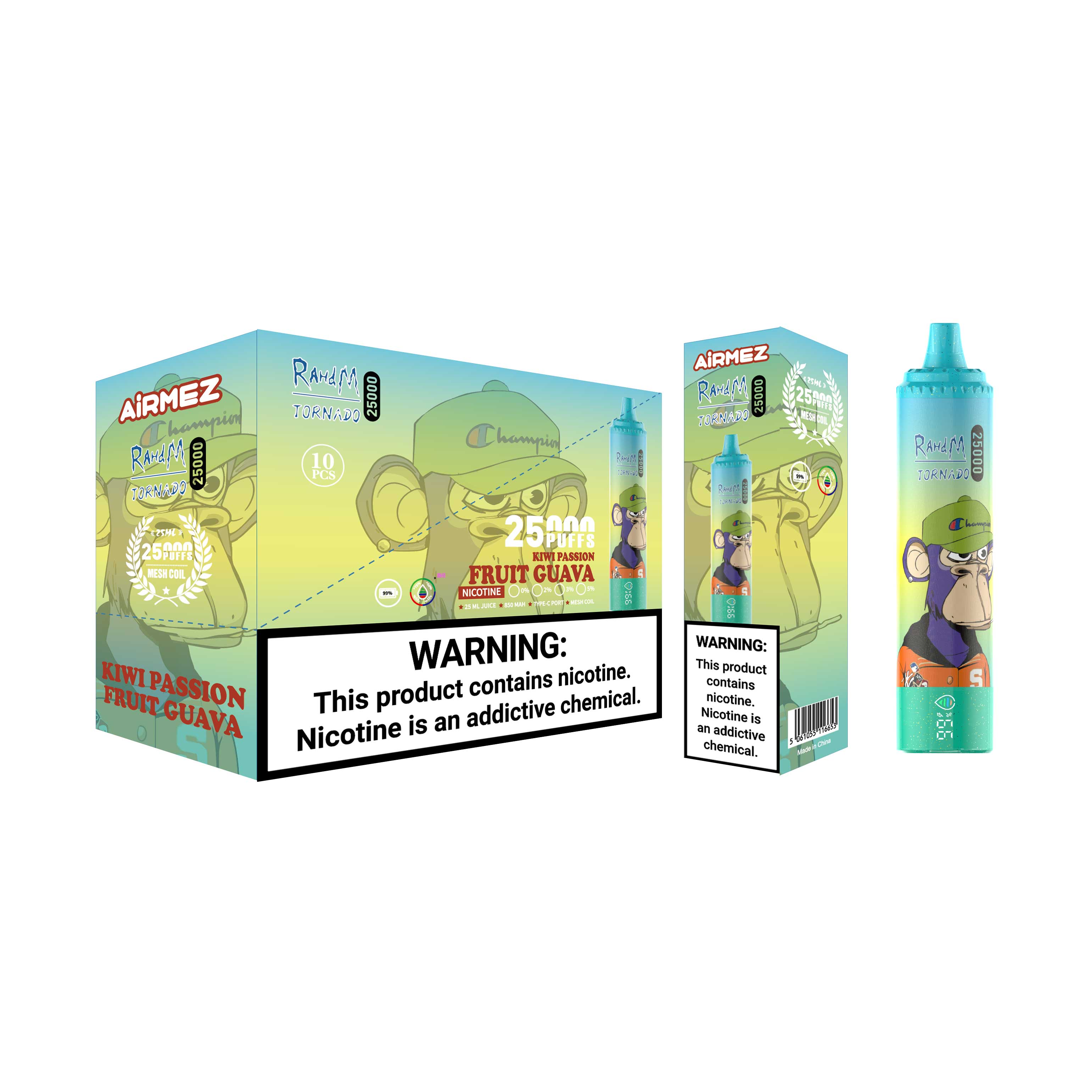 Packaging layout for Airmez Tornado 25000 Puffs Kiwi Passion Fruit Guava. Shows the 10pcs bulk distribution box and single unit packaging.