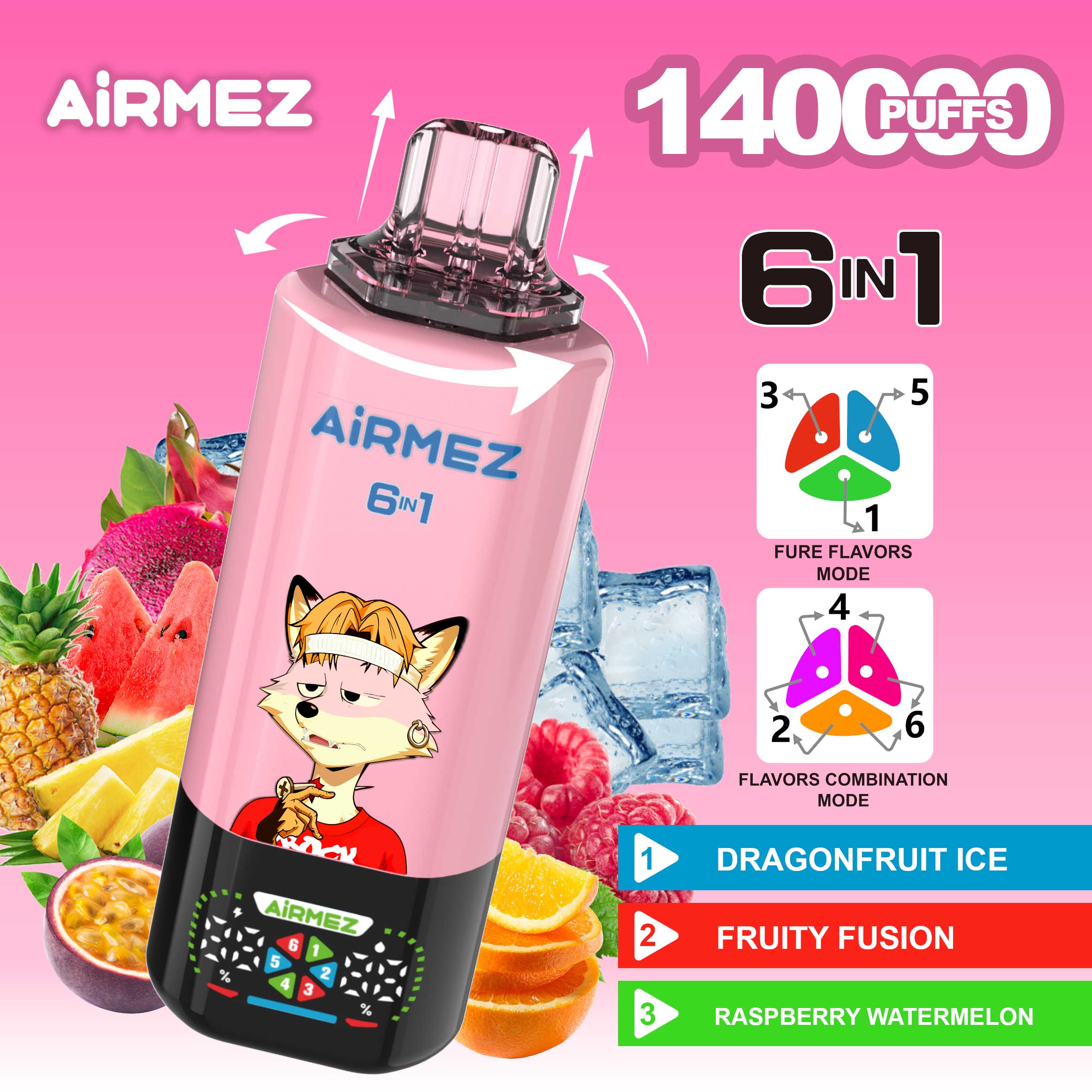 Technical view of Airmez Fox 140,000 Puffs Dragon Fruit Mix. Official 6-in-1 device specs for Dragonfruit Ice, Fruity Fusion, and Raspberry Watermelon.