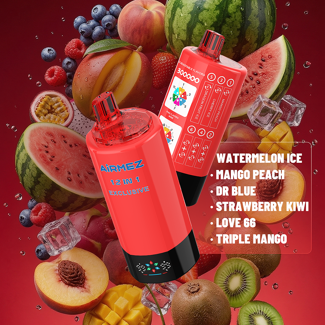 Creative flavor render of AiRMEZ Exclusive 12-in-1 300K Edition 1 featuring watermelon ice and triple mango.