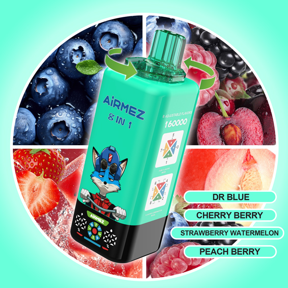 Airmez Fox 8-in-1 160K Kit 08 – Dr Blue & Cherry Berry & Strawberry Watermelon & Peach Berry | 4 Flavor Kit Render | Rotate to Switch | EU Stock Ships from Poland