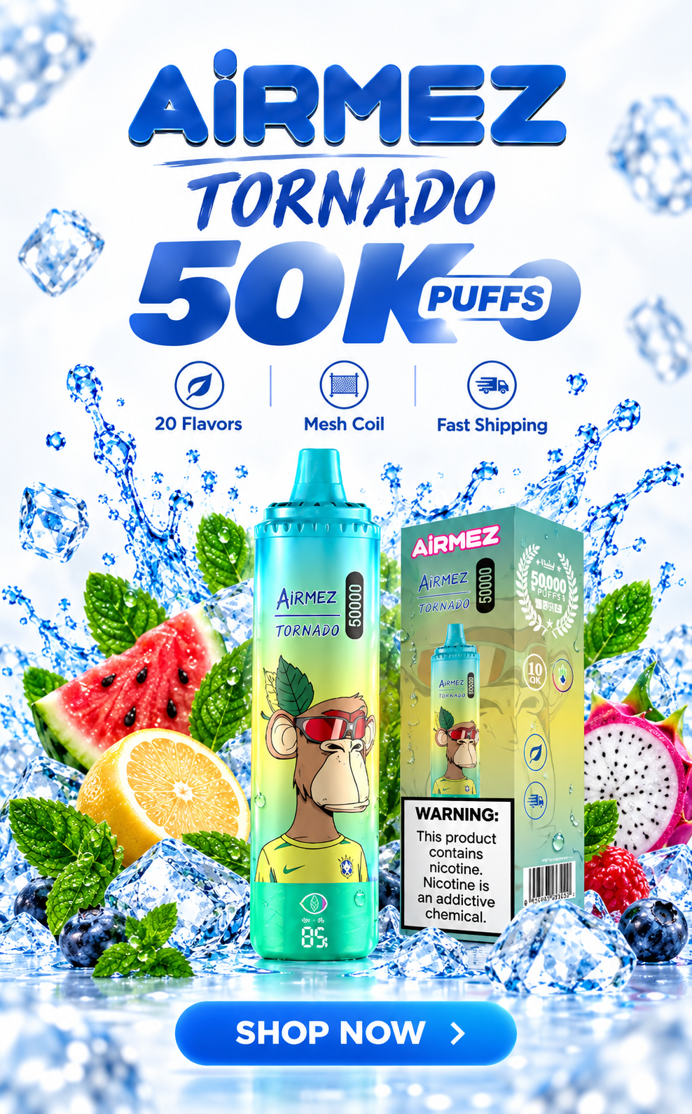 AiRMEZ Tornado 50K Puffs mobile homepage banner featuring disposable vape device with icy fruit flavor visuals