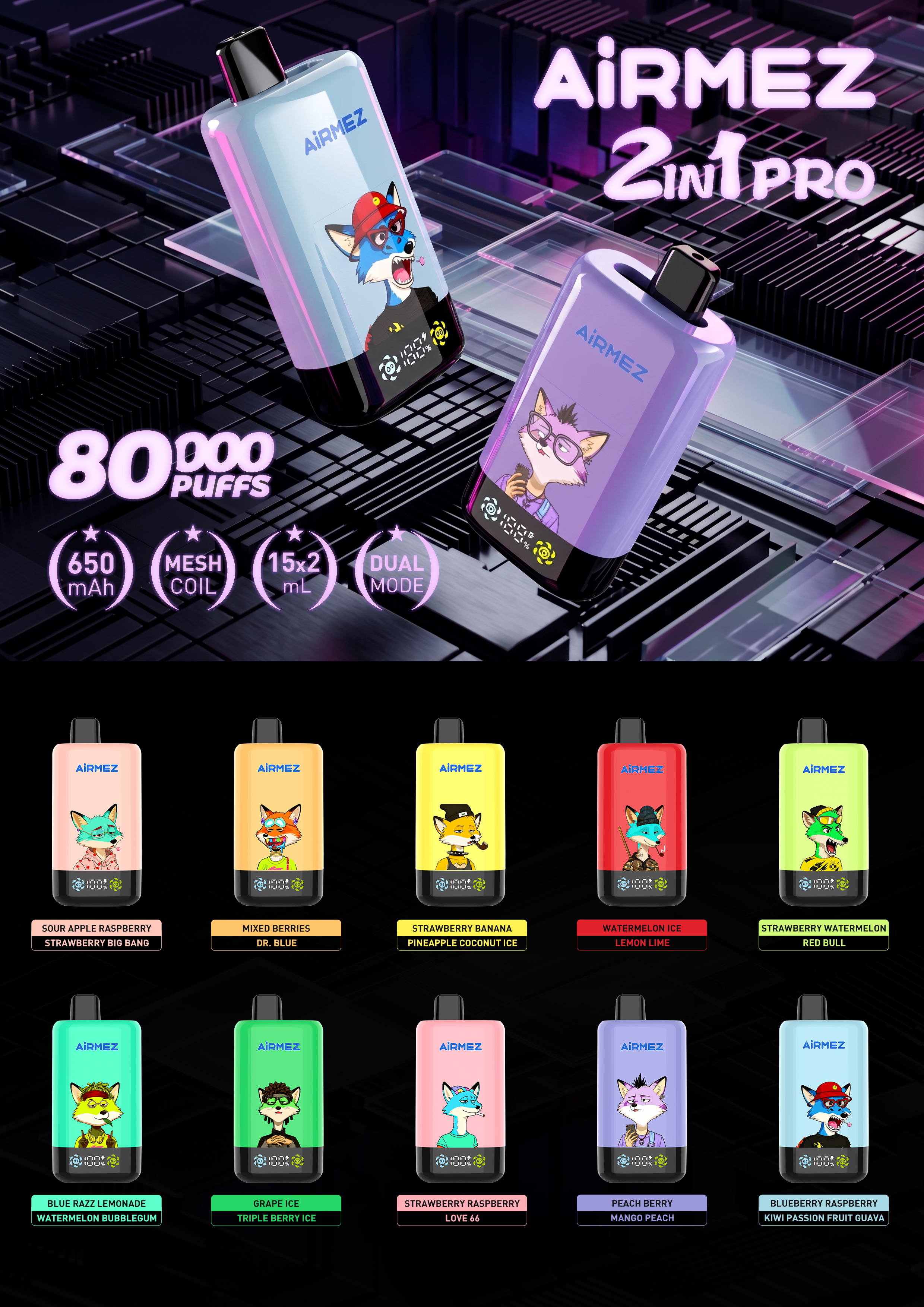 AiRMEZ Fox 2-in-1 Pro 80K full flavor collection with 10 dual flavor editions