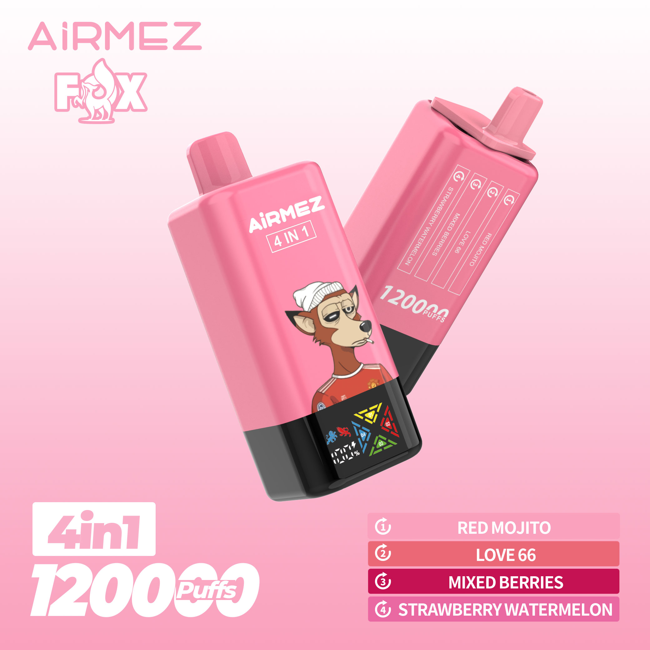 Airmez Fox 120,000 Puffs Official Mix Edition. Switchable flavors include Red Mojito, Love 66, Mixed Berries, and Strawberry Watermelon.
