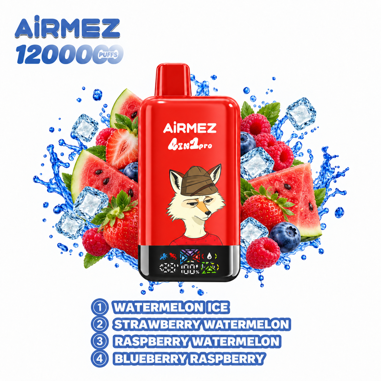 AiRMEZ Fox 4-in-1 Pro 120K four-flavor edition with Watermelon Ice, Strawberry Watermelon, Raspberry Watermelon and Blueberry Raspberry