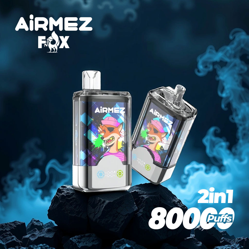Official hero poster for Airmez Fox 80,000 Puffs 2-in-1 disposable vape. Features dual flavor switch technology and smart LED screen. Ships from EU warehouse, no customs fee.