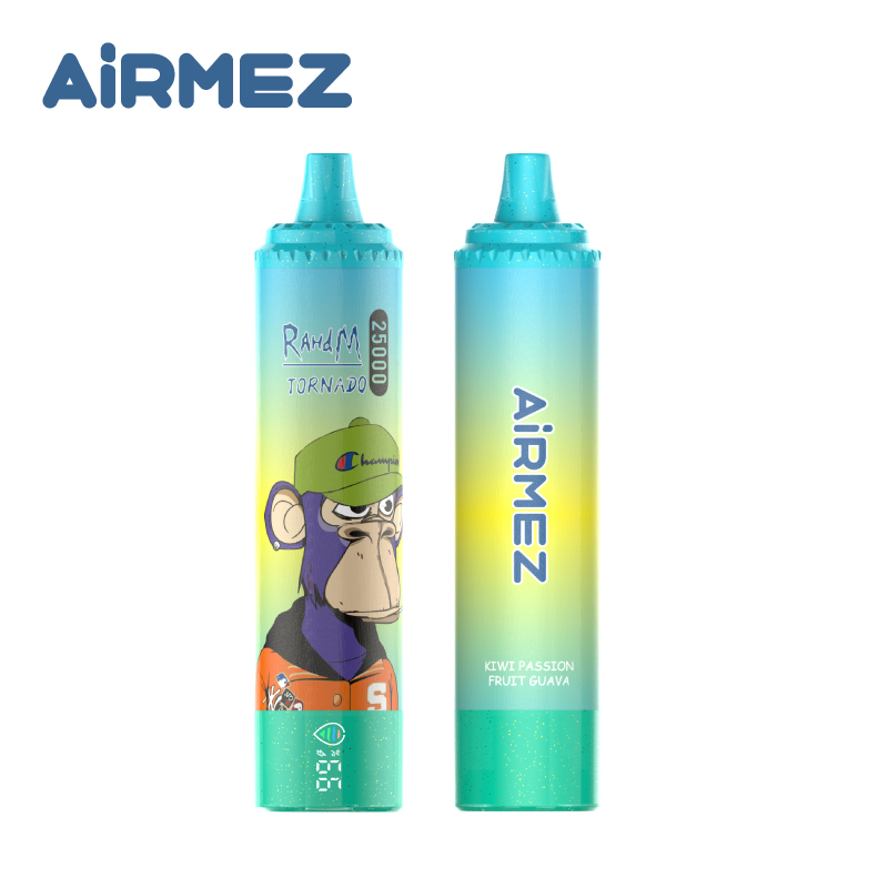 Airmez Tornado 25000 Puffs Kiwi Passion Fruit Guava flavor. High-resolution white background shot displaying the smart LED display and device ergonomics.