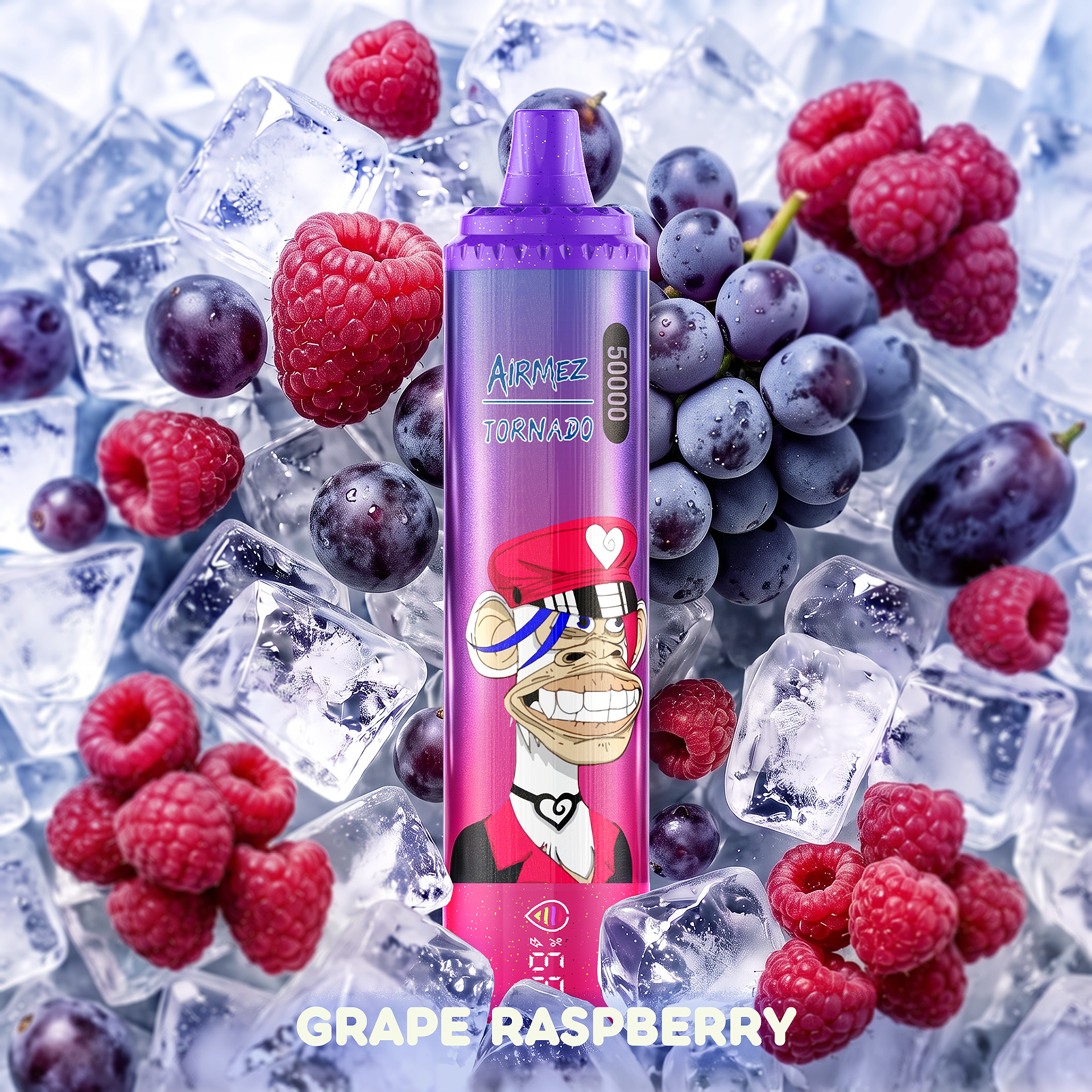 AiRMEZ Tornado 50K Grape Raspberry flavor with grapes, raspberries and ice cubes