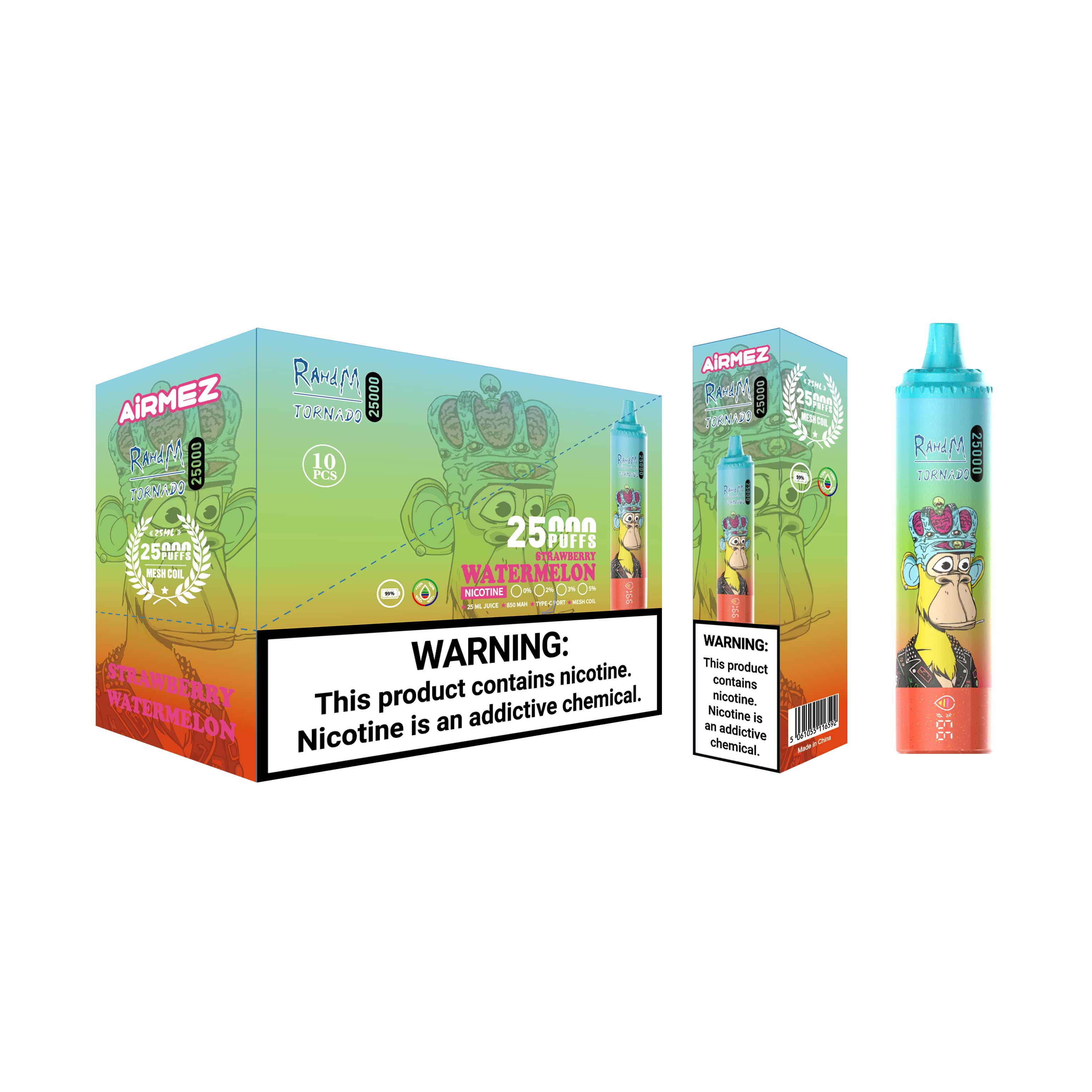 Airmez Tornado 25000 Puffs Strawberry Watermelon packaging. 10pcs wholesale display box and individual retail carton designed for vape shops.