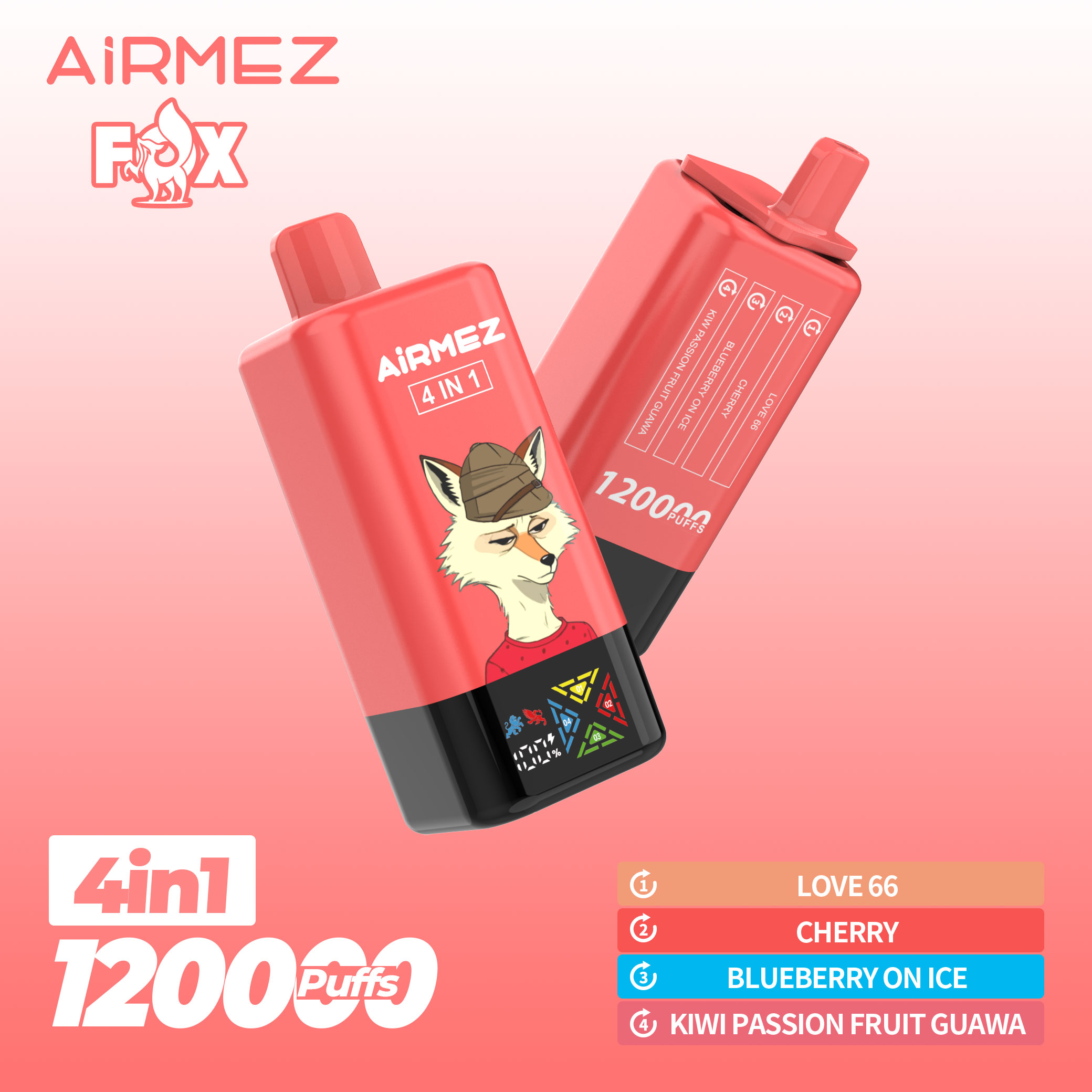Official Airmez Fox 120,000 Puffs Exotic Edition. Experience Love 66, Cherry, Blueberry On Ice, and Kiwi Passion Fruit Guava in one device.