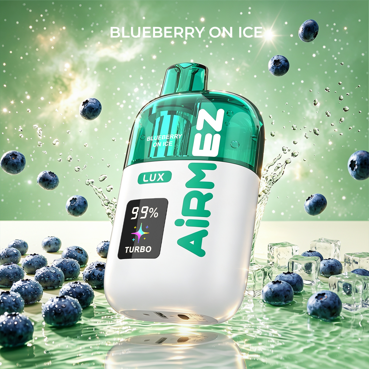 AiRMEZ Lux 100K Blueberry On Ice visible tank vape with blueberry and ice flavor background