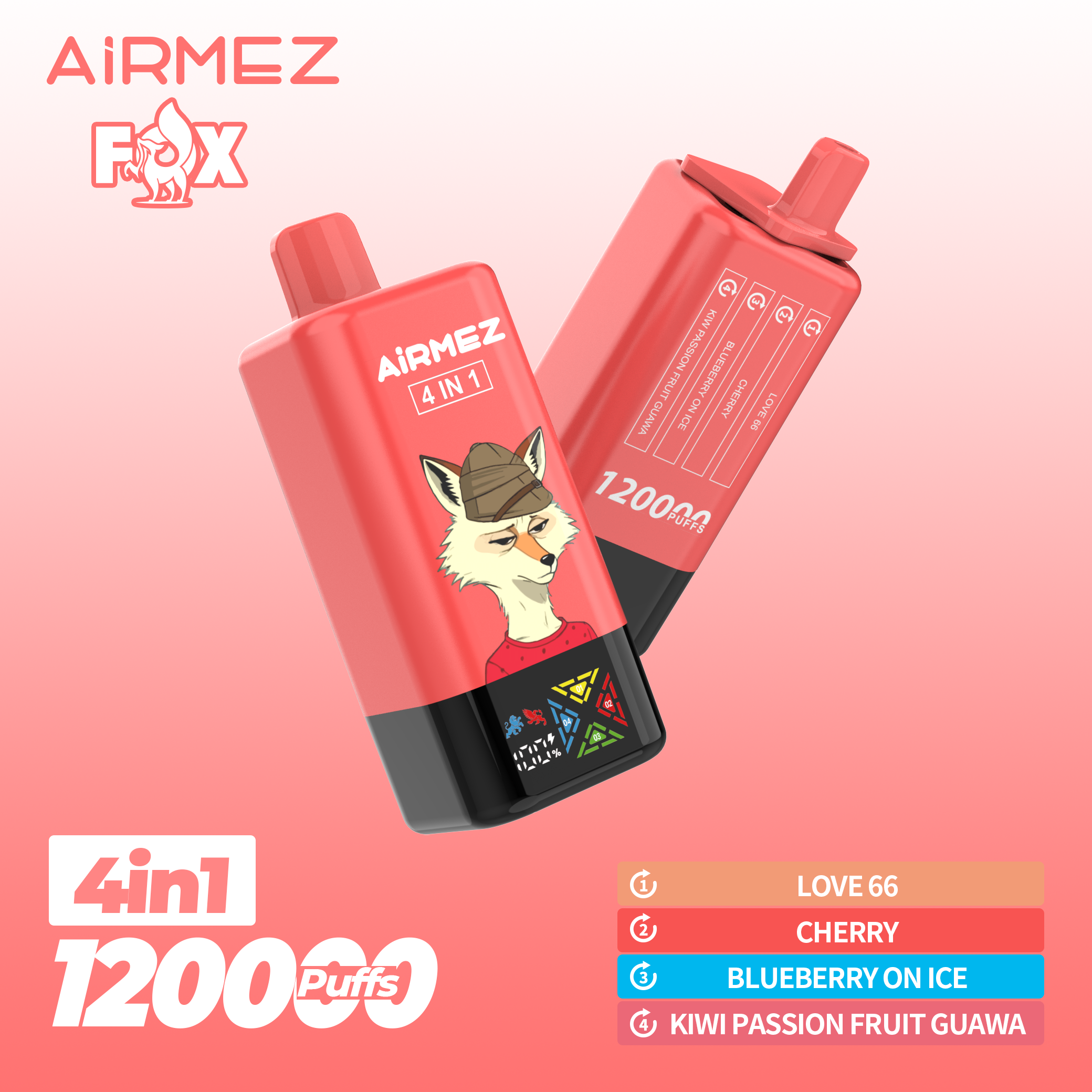 Exotic Edition of Airmez Fox 120000 Puffs. 4-in-1 rotating flavor system featuring Love 66, Cherry, Blueberry On Ice, and Kiwi Passion Fruit Guava.