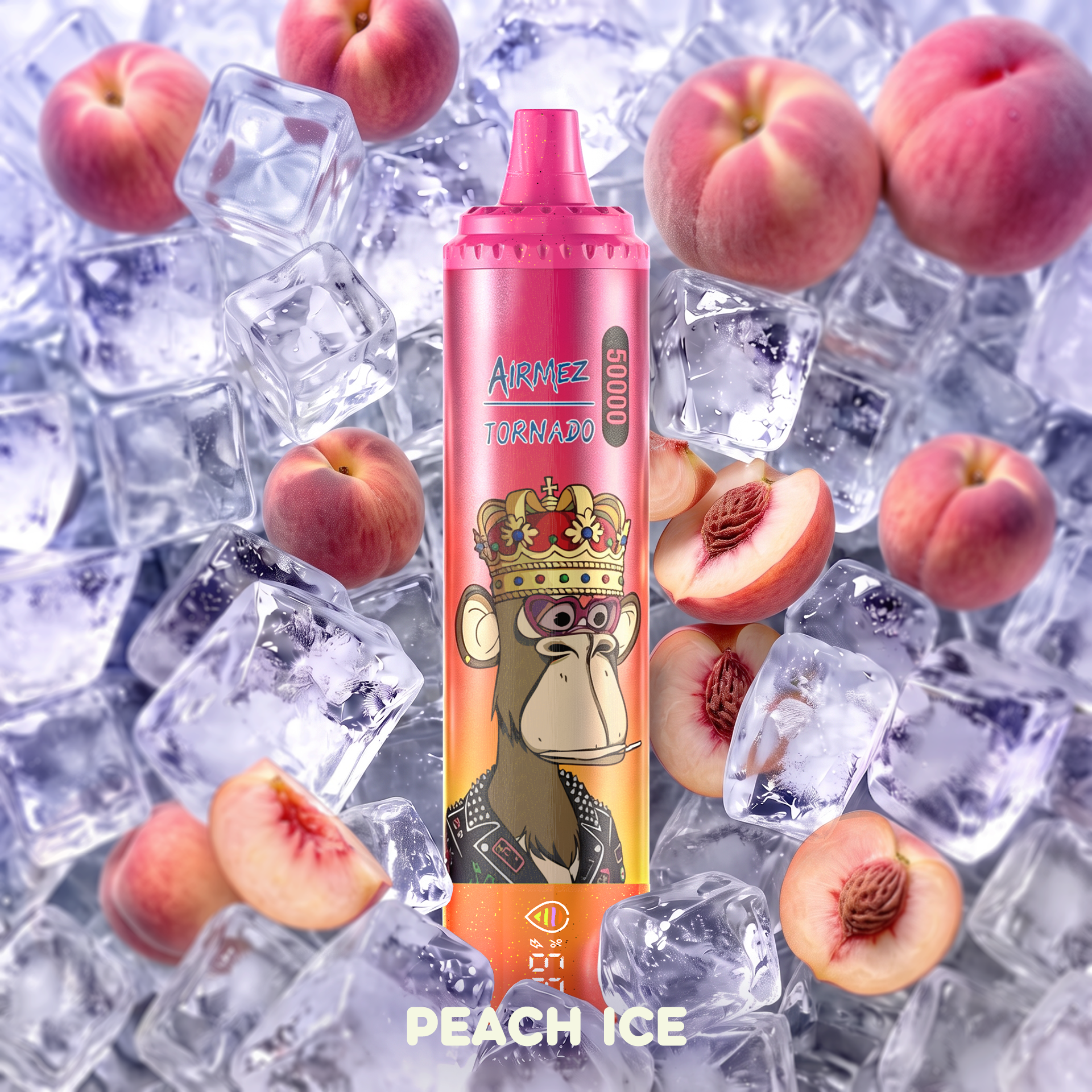 AiRMEZ Tornado 50K Peach Ice flavor with ripe peaches and ice cubes