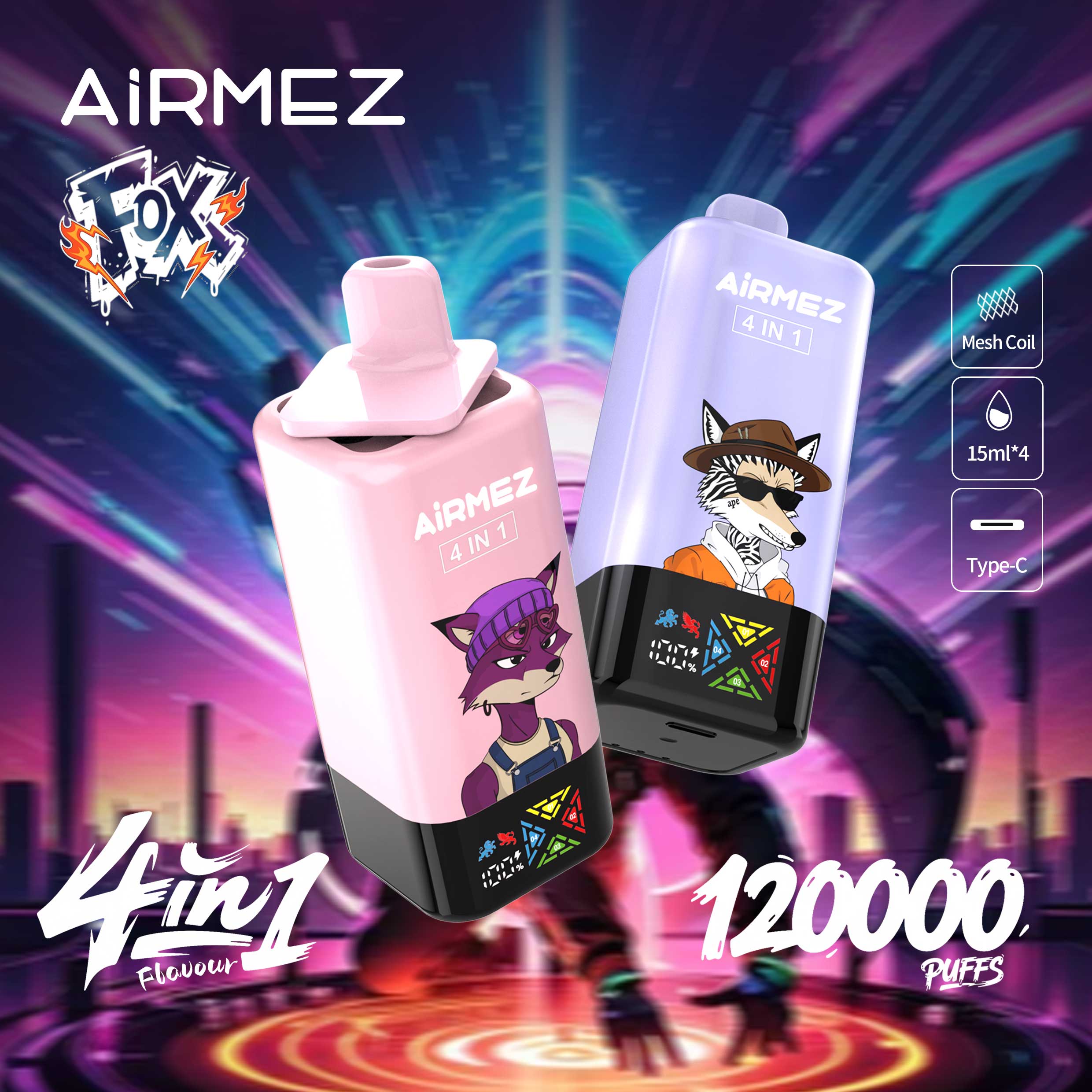 Airmez Fox 4 in 1 multi-flavor disposable vape offering a massive 120000 puffs with 4 separate 15ml e-liquid tanks and Type-C charging.