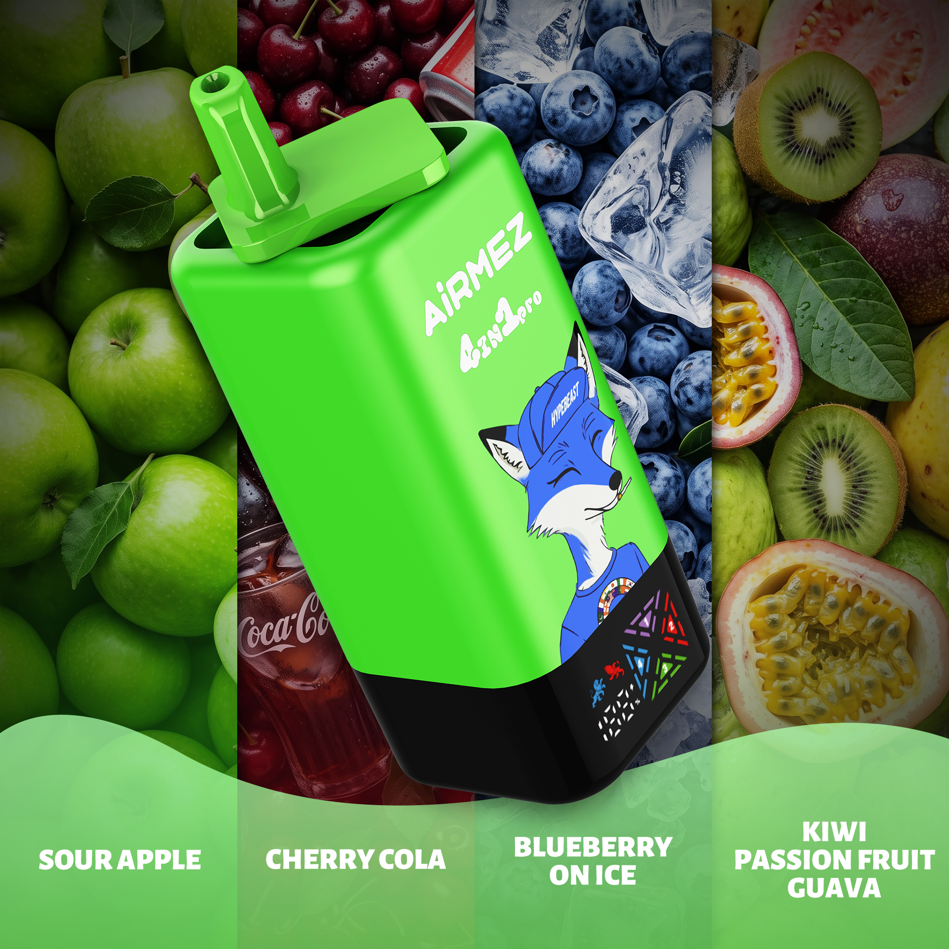 AiRMEZ Fox 4-in-1 Pro 120K Sour Apple, Cherry Cola, Blueberry On Ice and Kiwi Passion Fruit Guava